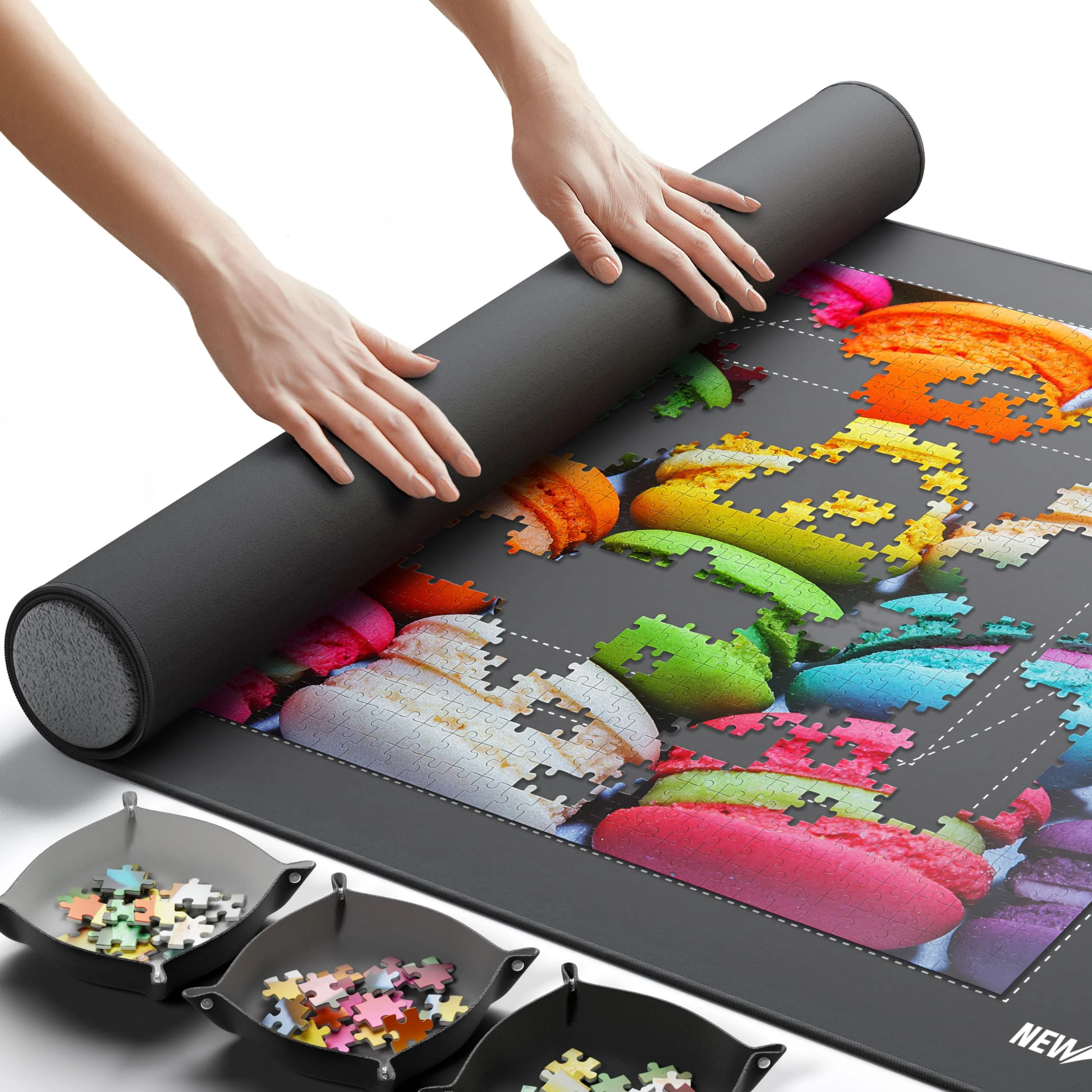 Newverest Puzzlematte zum Aufrollen 100 x 60 cm – Für bis zu 1000 Teile, rutschfeste Unterseite & Glatte Oberfläche + 3 Sortierschalen & Tragetasche für Reisen