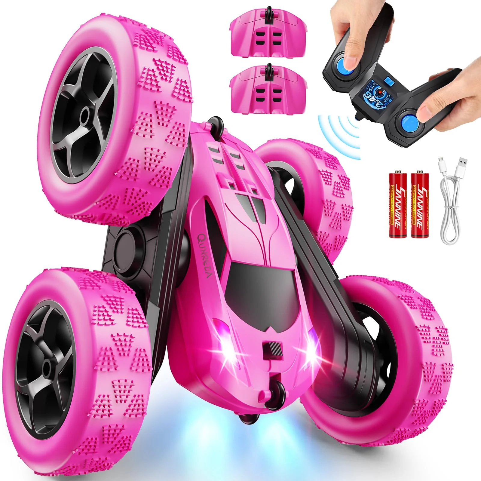 QUNREDA Ferngesteuertes Stunt Auto Rosa 4WD 2.4GHz Mädchen RC Car Doppelseitig 360° Flip Rotation LED Modularer  Akku Robustes Outdoor Spielzeug 6‑12 Jahre Geburtstags Weihnachts Geschenk