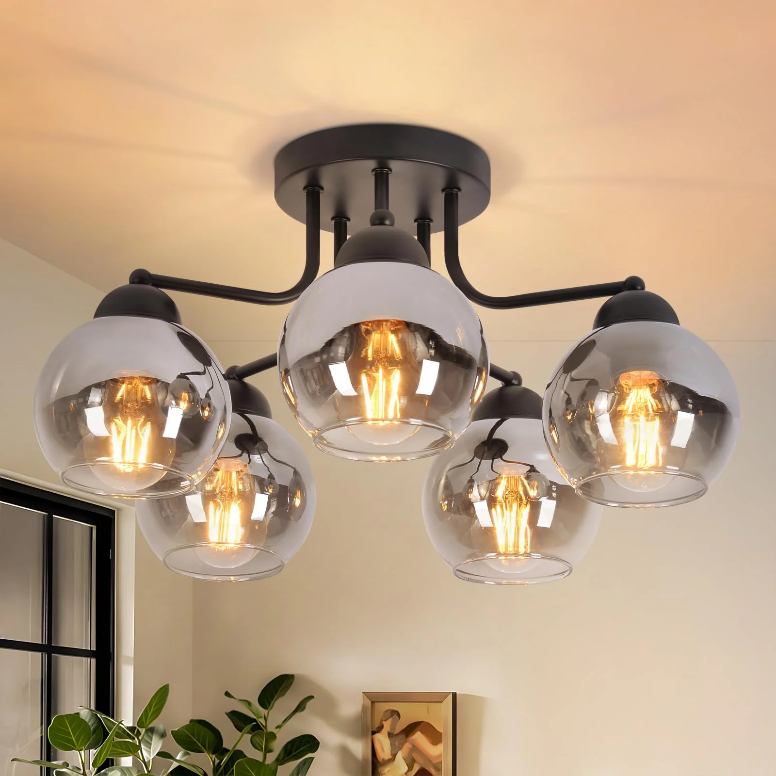 Kowanie Deckenlampe Glas Deckenleuchte Wohnzimmer Vintage: Schwarz Wohnzimmerlampe 5 flammig Rauchgrau aus Metall Industrial E27 Retro Küchenlampe decke für Schlafzimmer Küche - Ohne Leuchtmittel