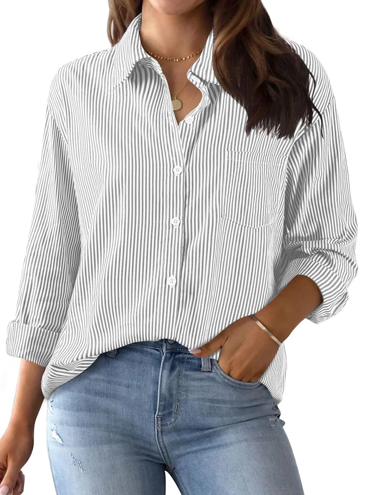 Xnova Bluse Damen Langarm Gestreifte, V Ausschnitt Button Down Hemd Oberteile Tops Baumwolle Streifenbluse, Elegante Hemdbluse Blusenshirt Casual Büro Basic Shirt Business Outfit