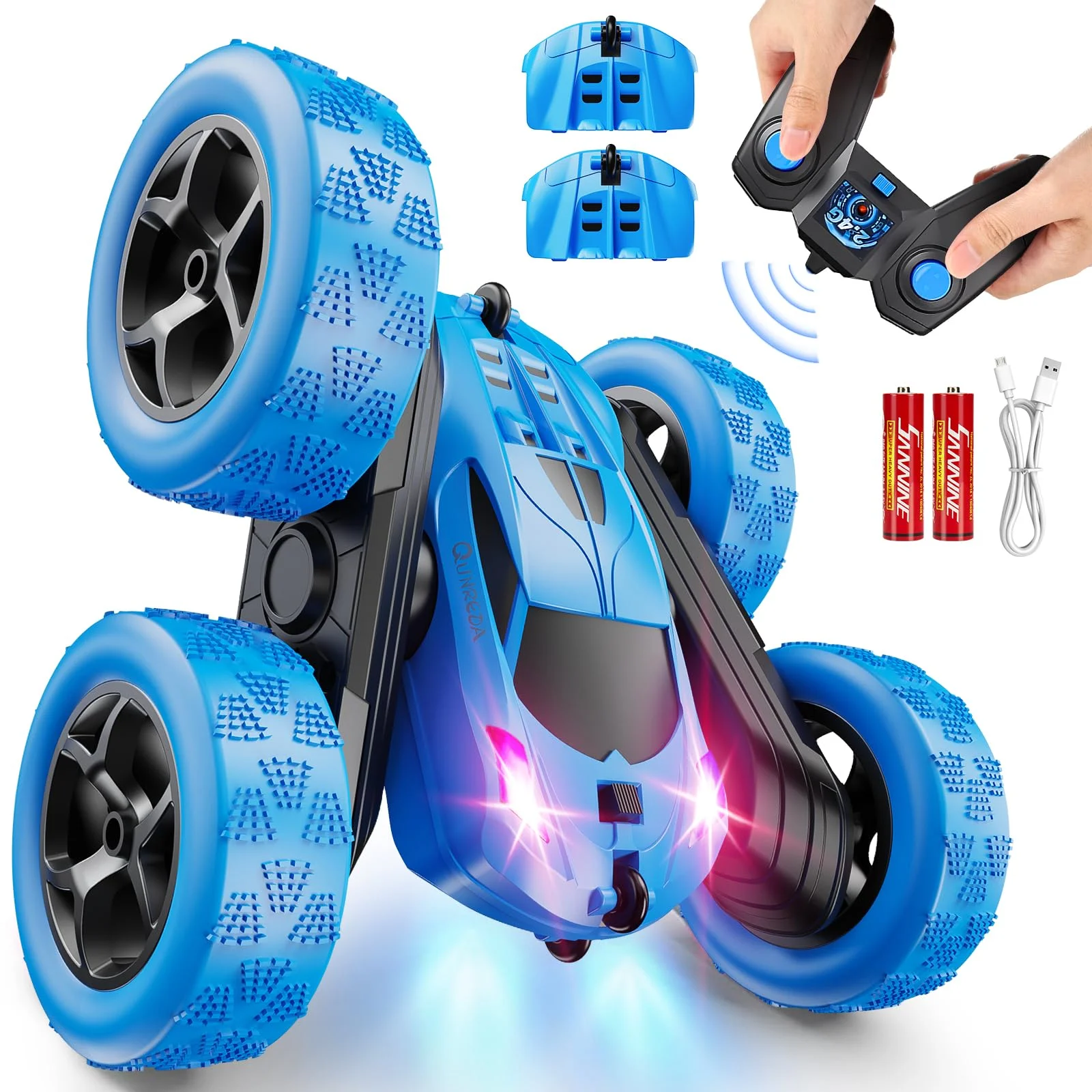 QUNREDA Ferngesteuertes Auto, RC Cars Spielzeug für Kinder im Alter von 6-12 Jahren, 4WD Stunt-Auto mit LED-Lichtern & 360°-Flips, 2,4 GHz, verbesserte USB-C-Modular-Batterien, 8-10 Jahre alte Jungen