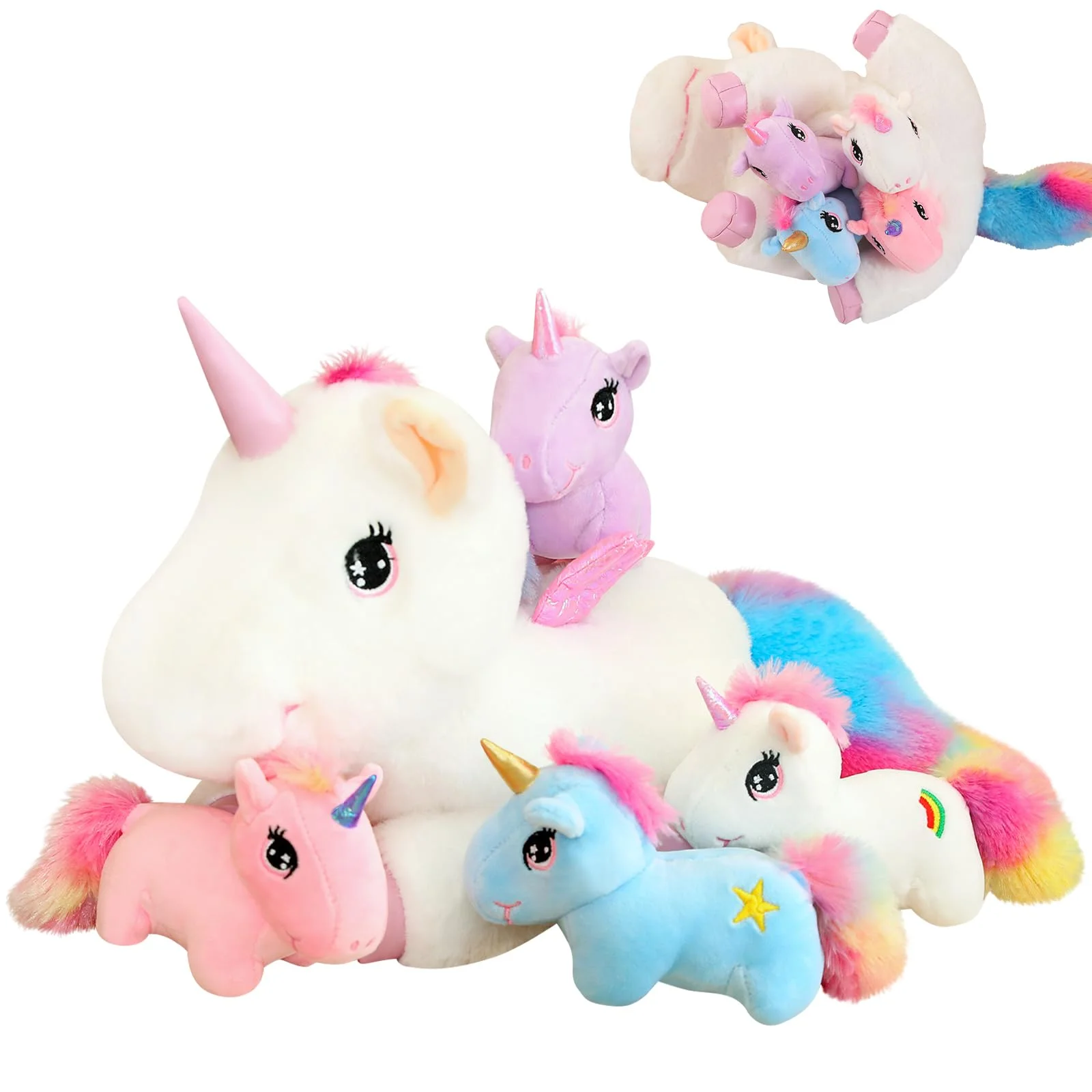 SQEQE Niedliche Einhorn Stofftiere mit 4 Baby Einhorn Plüschtiere in ihrem Bauch, Regenbogen Fliegendes Plüschkissen Spielzeug mit Flügeln, Valentinstag Geburtstagsgeschenke für Jungen Mädchen