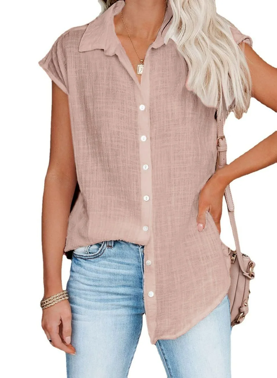 Bluse Damen Sommer Leinenbluse Kurzarm V-Ausschnitt Musselin Bluse Oberteile Button Down Leinenhemd Revers Kragen Arbeit Blusenshirt Elegant Baumwolle Leinen Shirt
