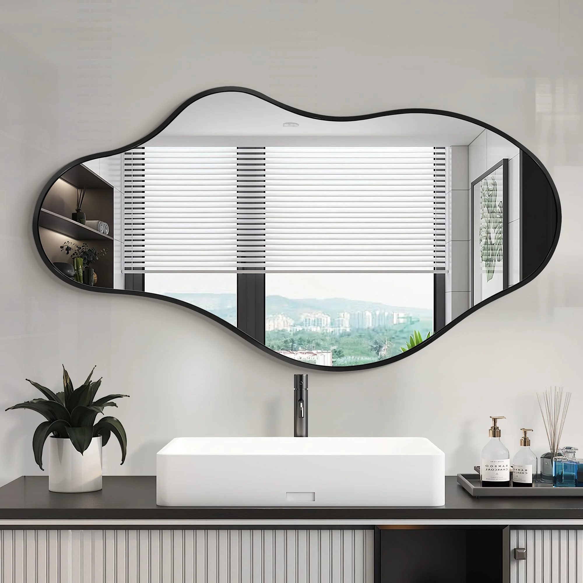 Fahomiss Unregelmäßiger Wavy Wandspiegel, Abstrakter Spiegel mit Aluminiumlegierung Rahmen in Luftfahrtqualität für Badezimmer, Schlafzimmer & Flur