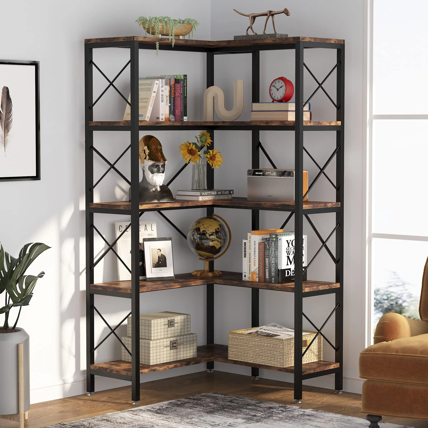Tribesigns 5 Regal Eck-Bücherregal, großes modernes Eck-Bücherregal, 5-stöckiges hohes Eckregal, Aufbewahrungsregal mit Metallrahmen für Wohnzimmer, Heimbüro (Braun)
