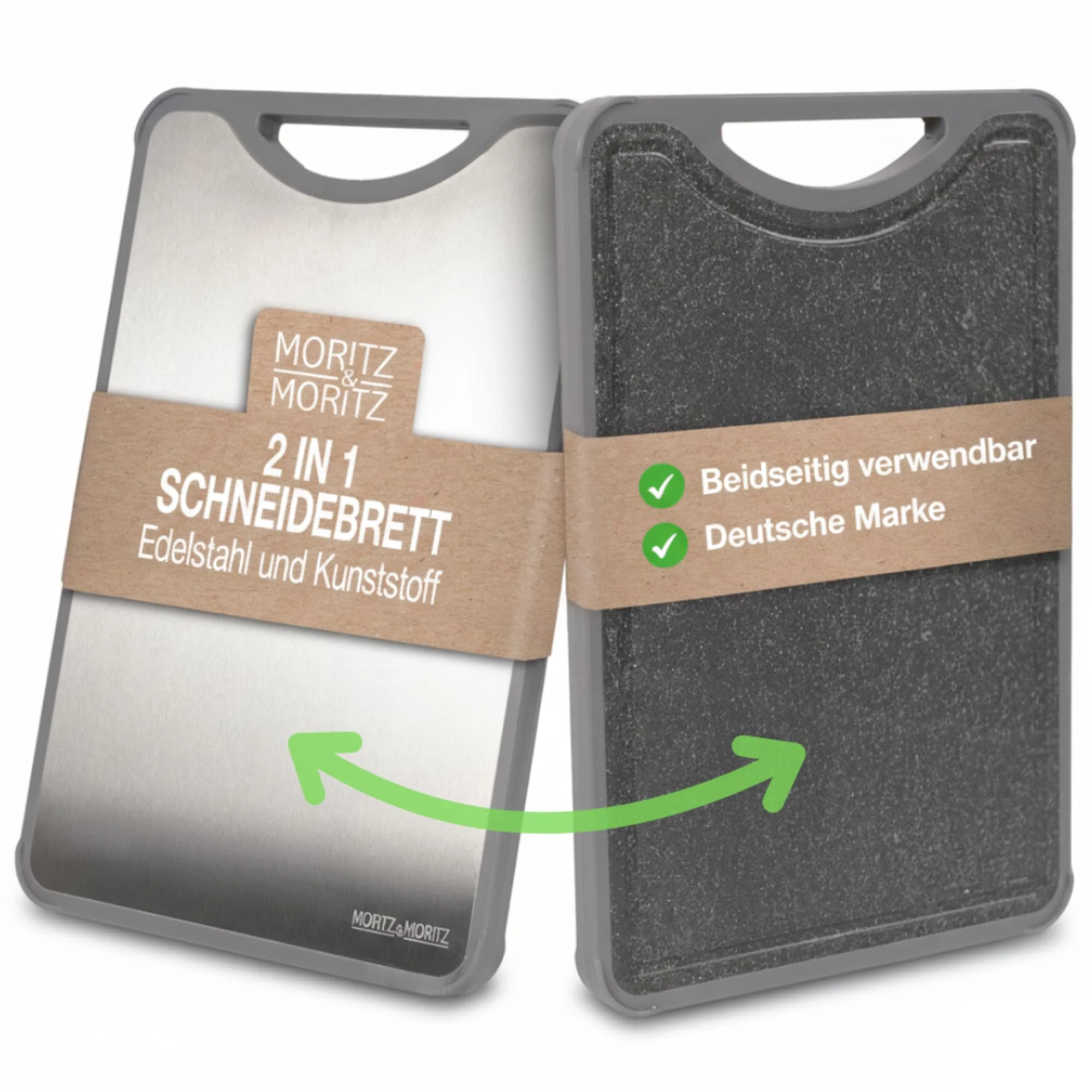 Moritz & Moritz Doppelseitiges Schneidebrett Edelstahl & Kunststoff 40x26cm - Rutschfestes Edelstahl Schneidebrett mit Saftrille & Reibfläche - Hygienisch & Spülmaschinenfest - Steel Cutting Board