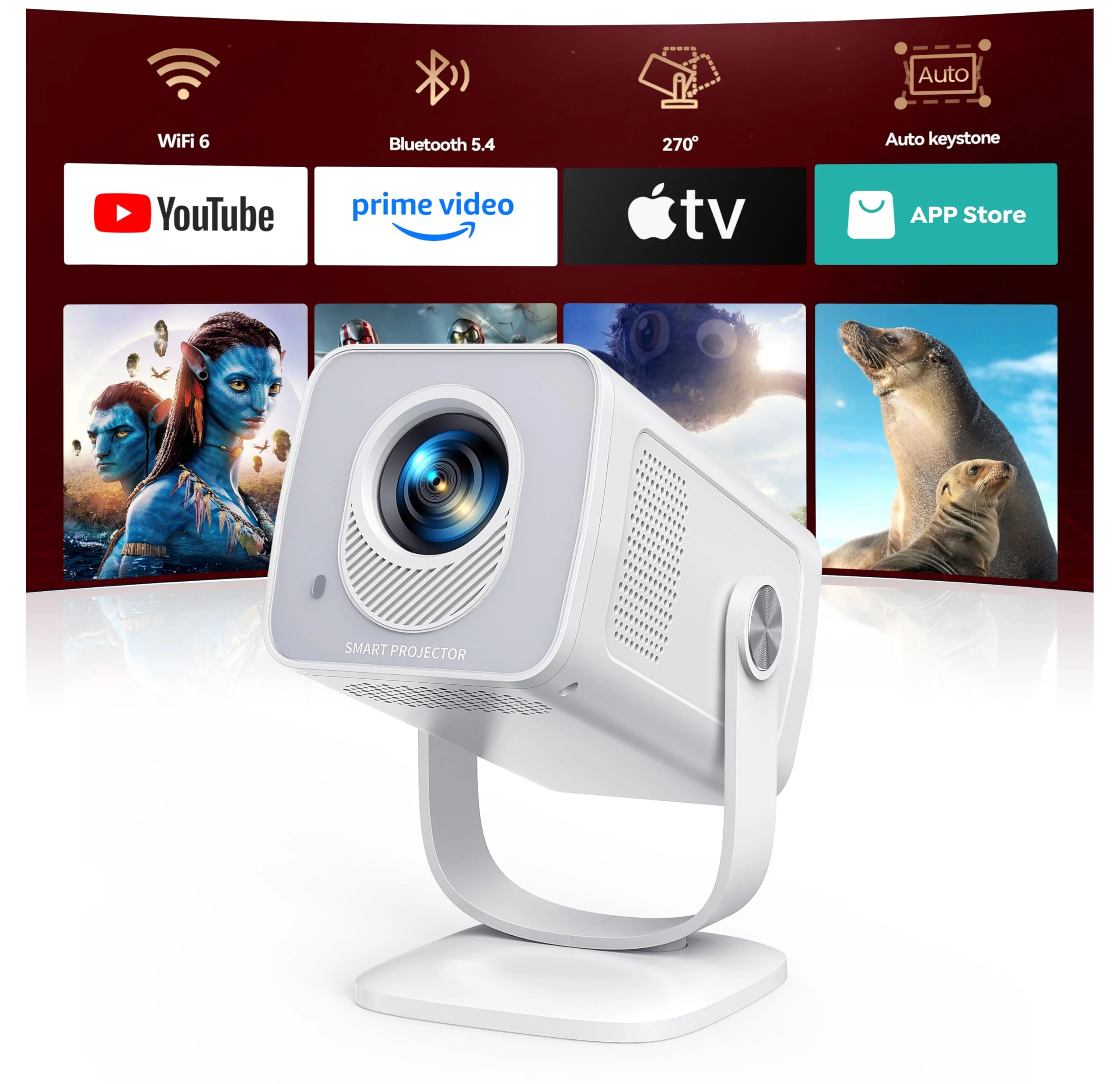 Mini Beamer 4K 1080P Unterstützt [Android 14 & 270° Drehbar] Smart Beamer Klein mit WiFi 6 Bluetooth 5.4, Tragbarer Projektor Heimkino Outdoor mit Auto Trapezkorrektur für HDMI/Android/iOS/PC/USB