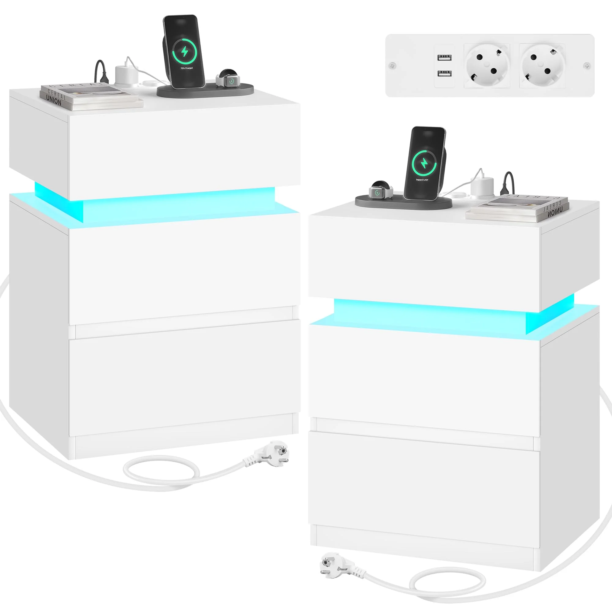 WOLTU Nachttisch 2er Set, mit Steckdose, Nachtschrank mit LED-Beleuchtung, weiß, 2 Schubladen und 1 Ablagefach, 40 x 35 x 55 cm, geeignet für Schlafzimmer, Wohnzimmer, moderner Stil, NTS23ws-2