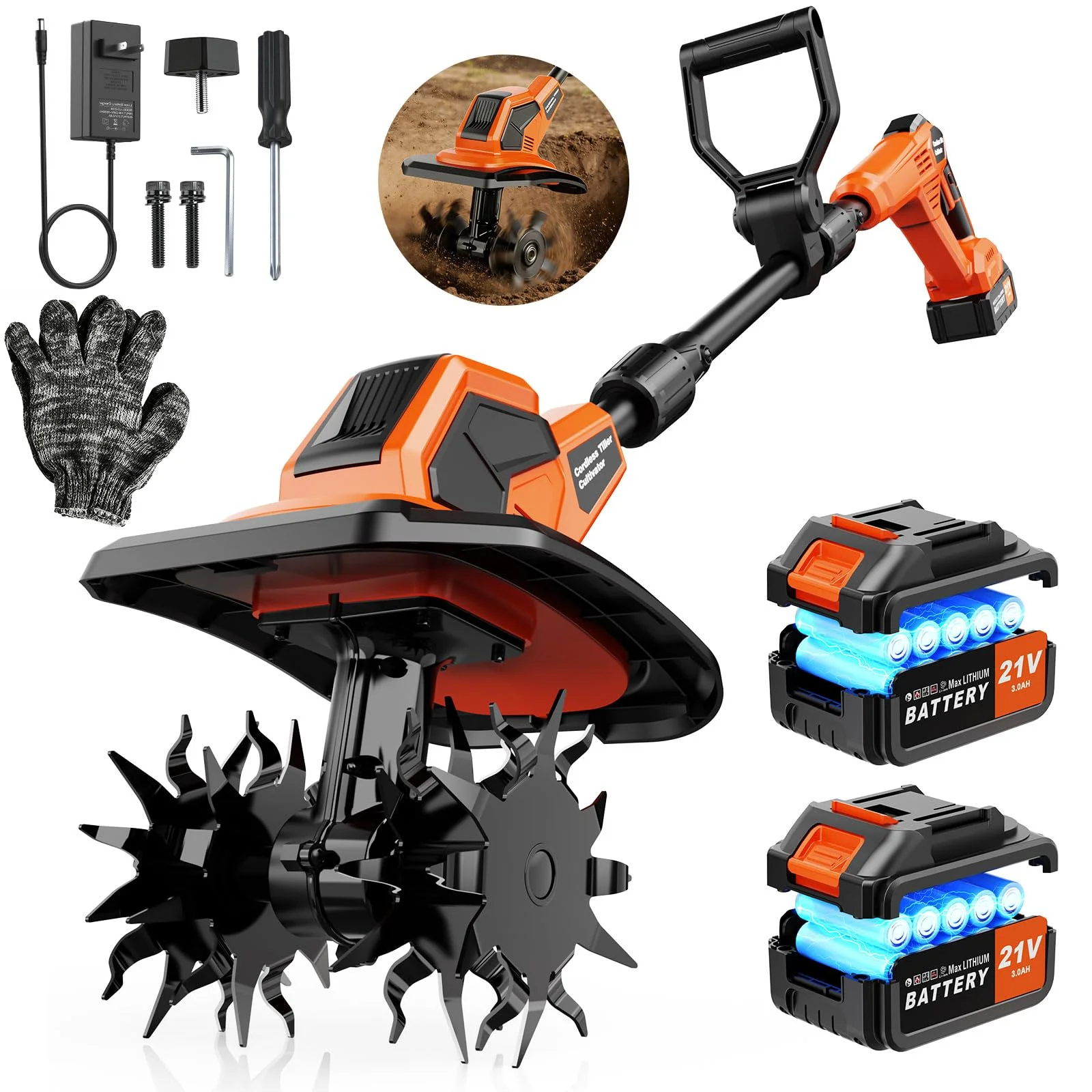 Gartenfräse Akku, Elektro-Bodenhacke 21V mit 2 x 3.0Ah Akkus, 400 U/min, 600W Bürstenloser Motorhacke, 23 cm Arbeitsbreite, 17 cm Arbeitstiefe, Verstellbarer Griff, für Bodenbearbeitung Gartenarbeit