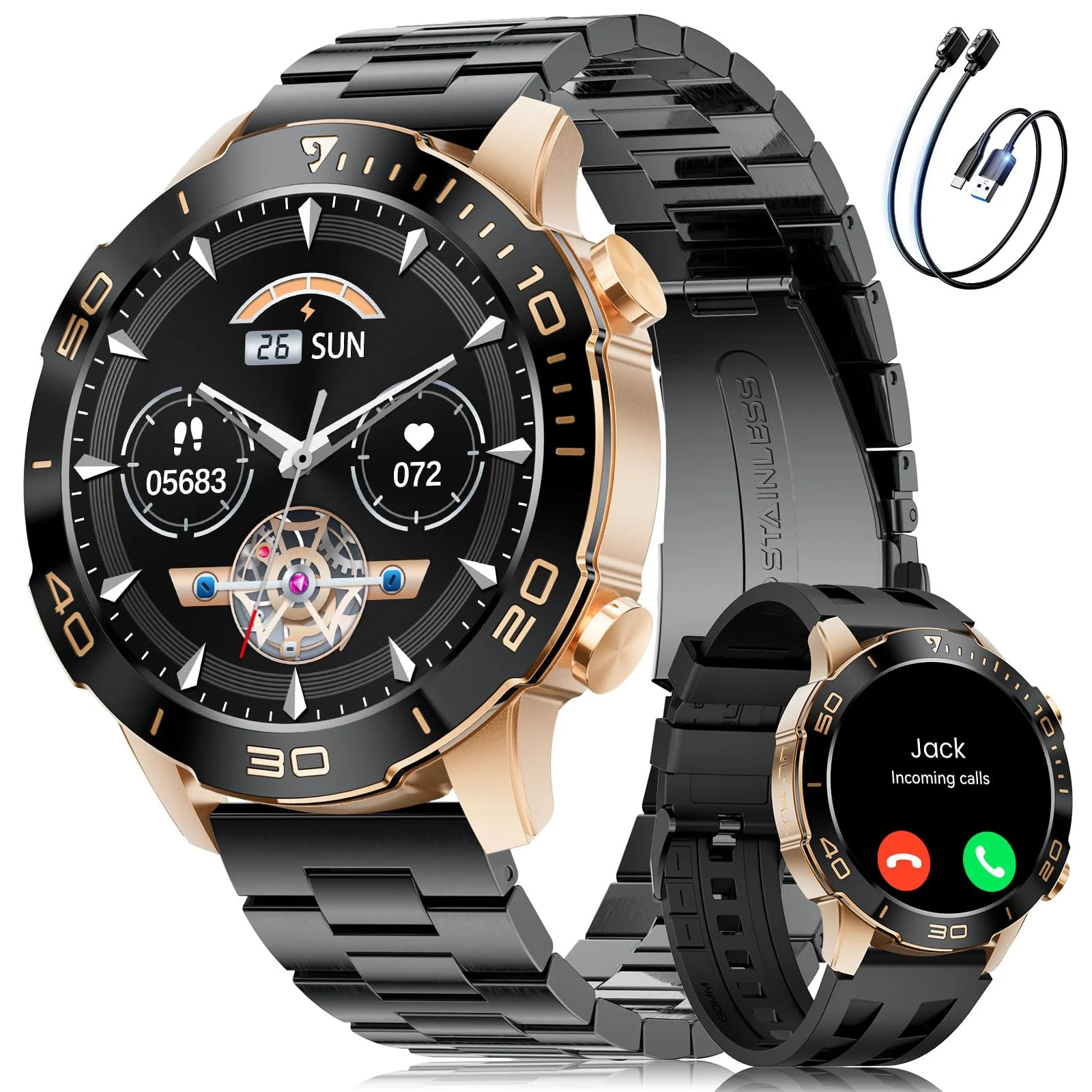 Smartwatch Herren mit Telefonfunktion Militär, 1.43" AMOLED Sportuhr mit 170+Sportmodi/800mAh Großer Akku, Herzfrequenz Schlafmonitor, IP68 Wasserdicht Fitnessuhr für Android iOS,Schwarz-gold