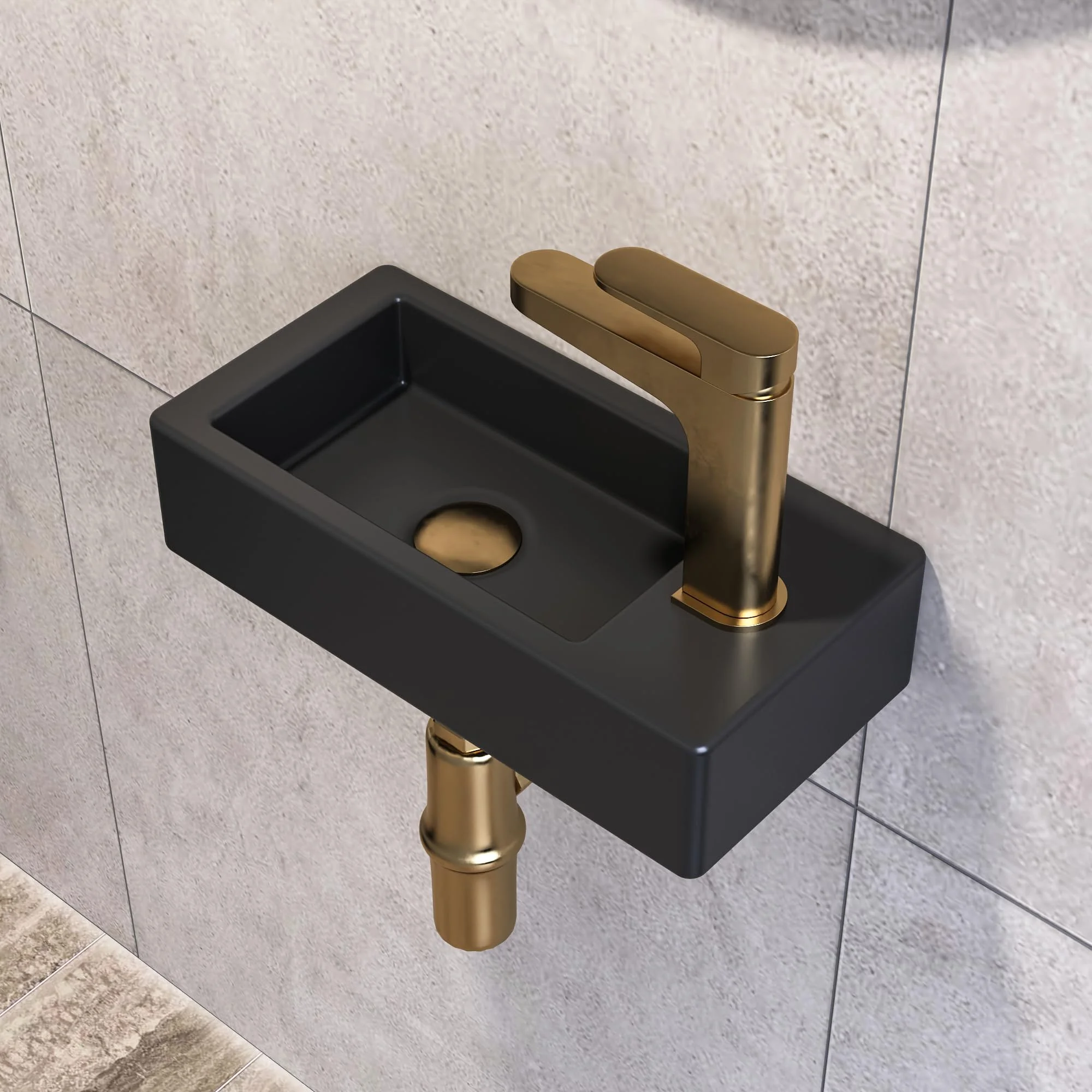 Deer Valley Kleines Rechteckiges Waschbecken für Gäste-WC, Schwarz, Matt, Keramik, Wandmontage, 36.5 x 18 x 9 cm