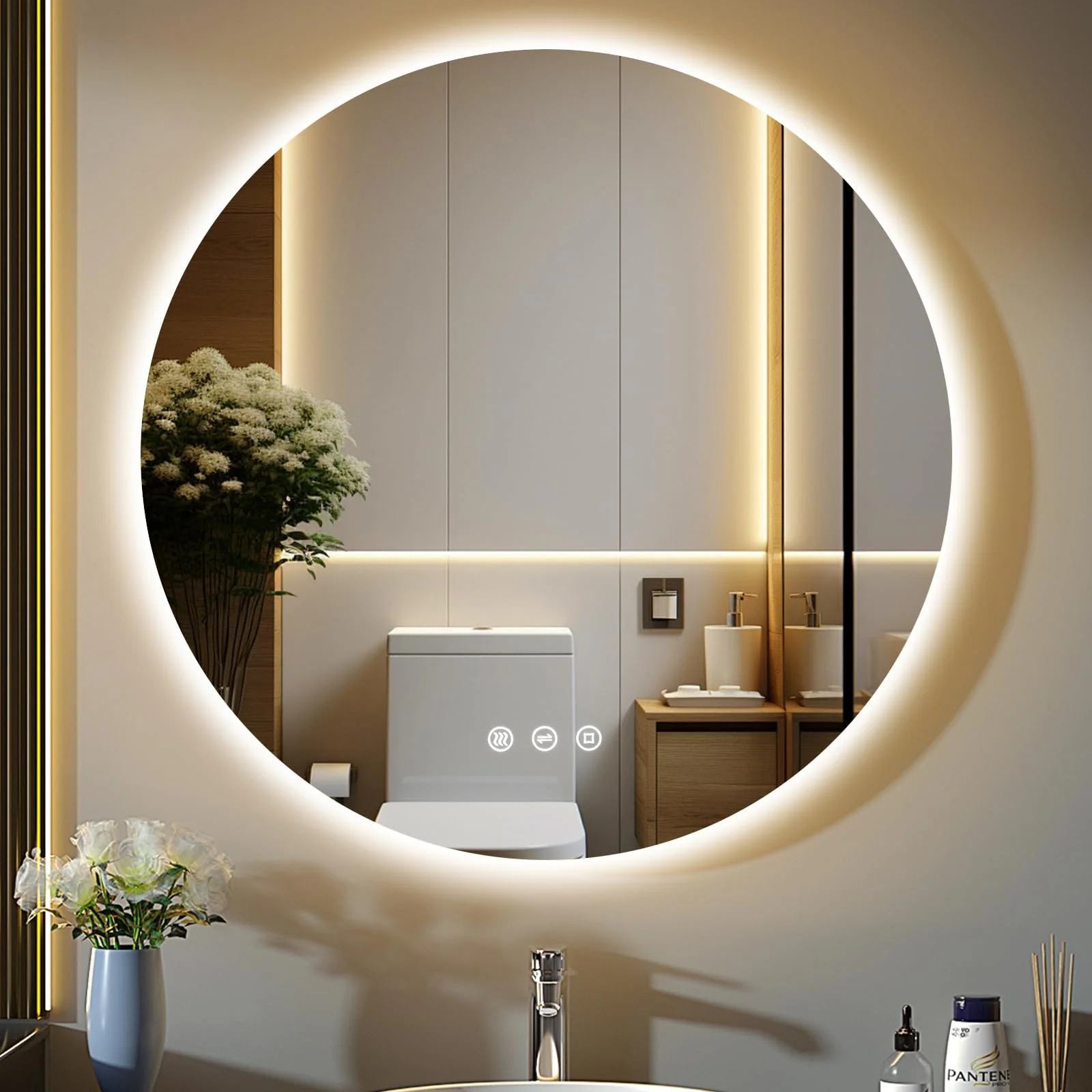 GIMBELEN Badezimmerspiegel mit Beleuchtung, Runder Spiegel mit Beleuchtung, 3 Lichtfarben, Dimmbar, Touch-Schalter, Speicherfunktion, Anti-Beschlag, LED Bad Spiegel mit Licht, 60 cm Wandspiegel