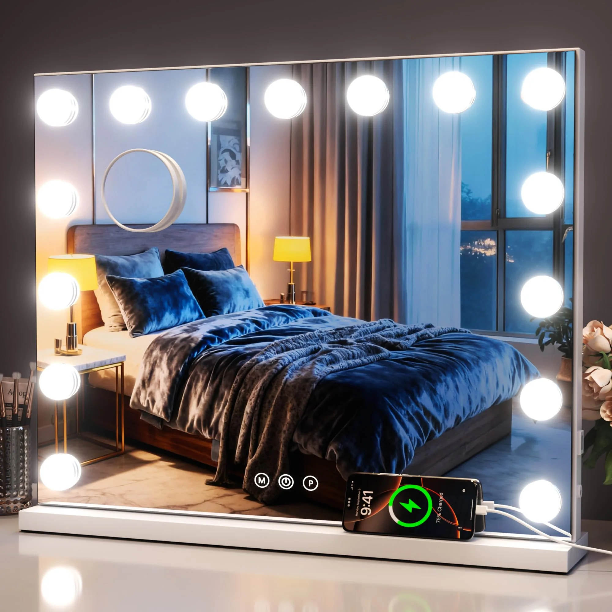 Hollywood Schminkspiegel Spiegel mit Beleuchtung, 58×46 cm, 15 LED-Lampen, 3 Lichtmodi, 10× Vergrößerung, stufenlos dimmbar, USB-Ladeanschluss, ideal für Schlafzimmer & Kosmetikbereich (15LED-58x46)
