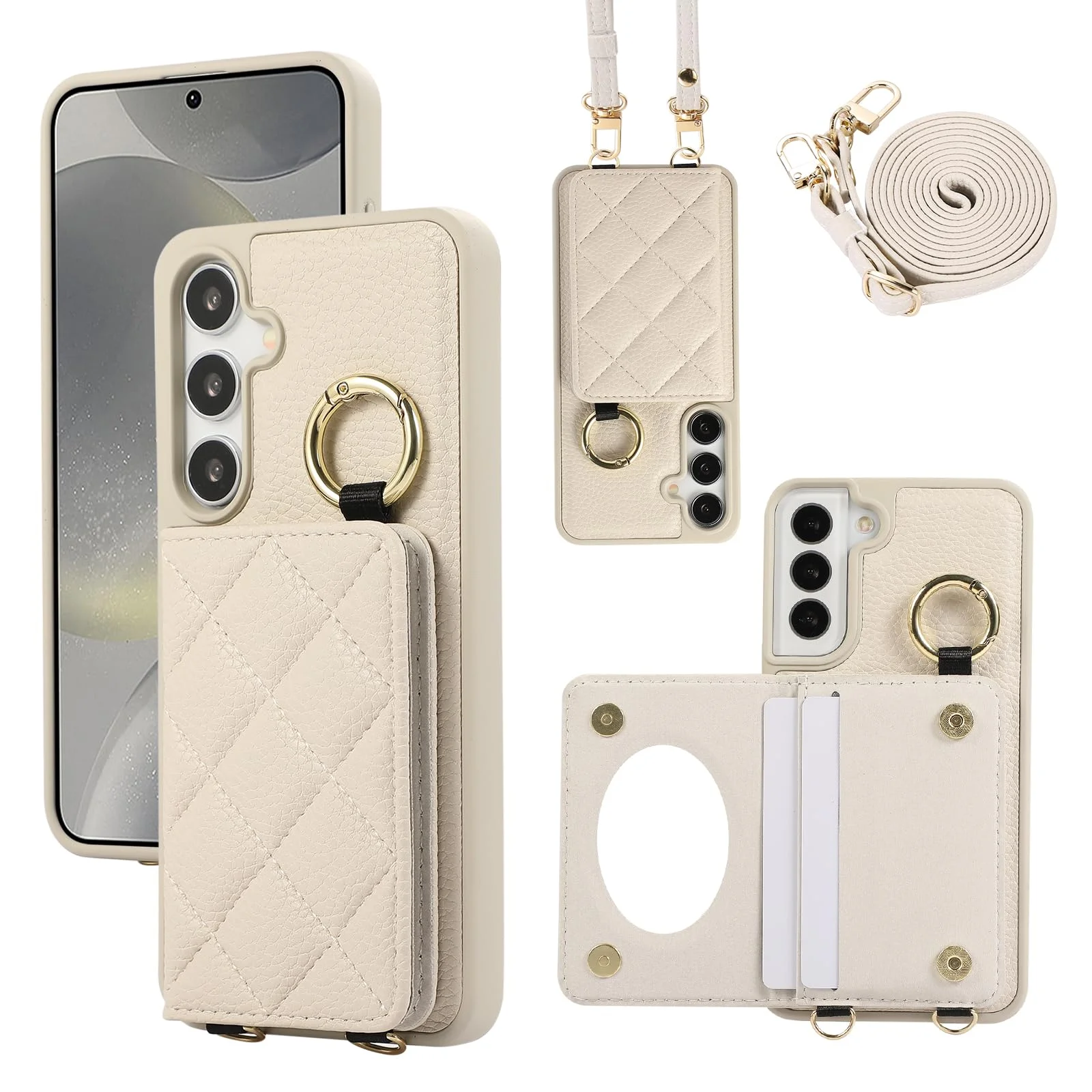 YDIJCYAN Handyhülle für Samsung Galaxy S23 Hülle mit Band+Ring+Schminkspiegel Stoßfest Handy Schutzhülle (weiß)
