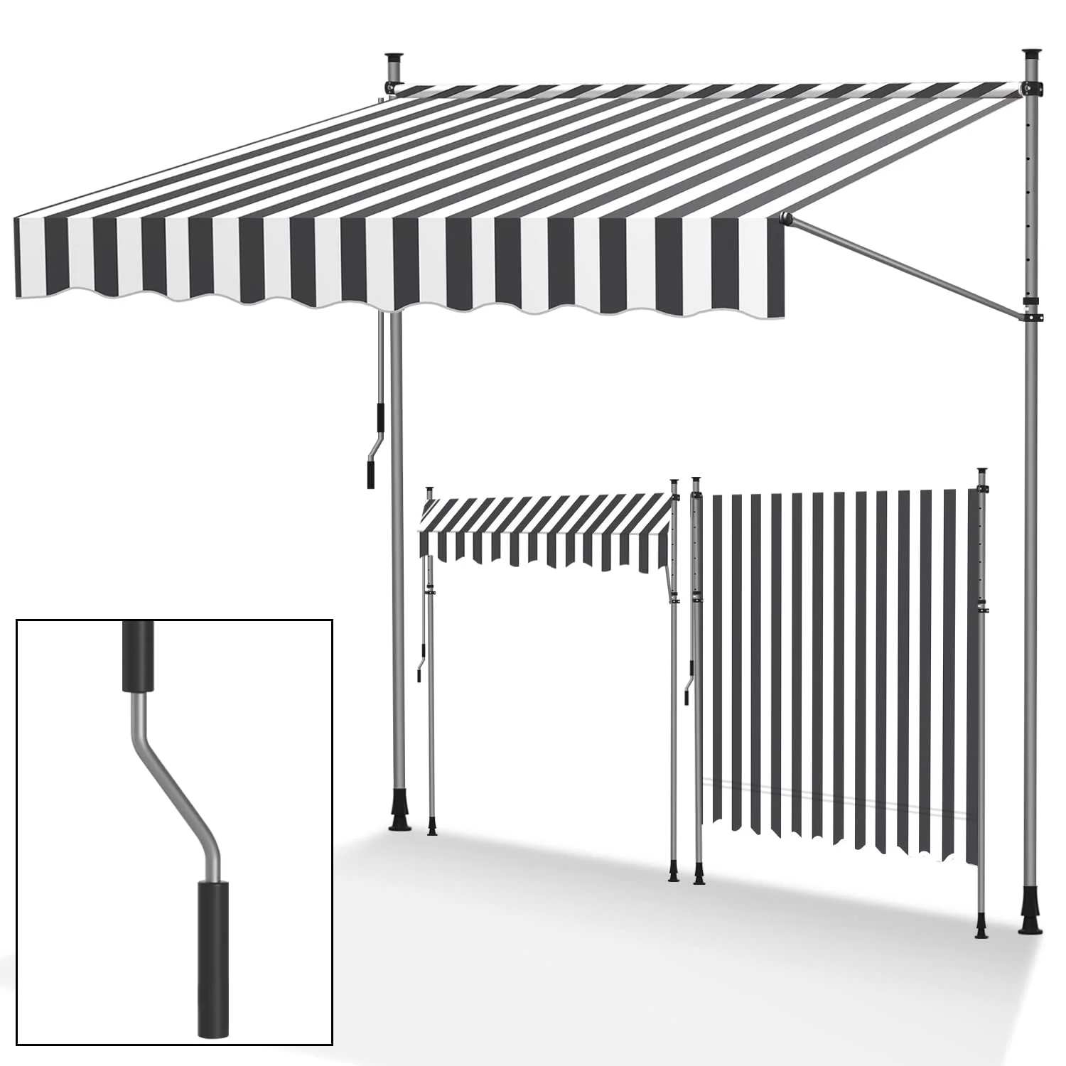 Tubiaz Klemmmarkise Balkon ohne Bohren, markise Balkon 250cm breit mit Handkurbel, Höhenverstellbare, UV-beständig und wasserdicht Klemmmarkise für Terrasse Balkon, Weiß-grau