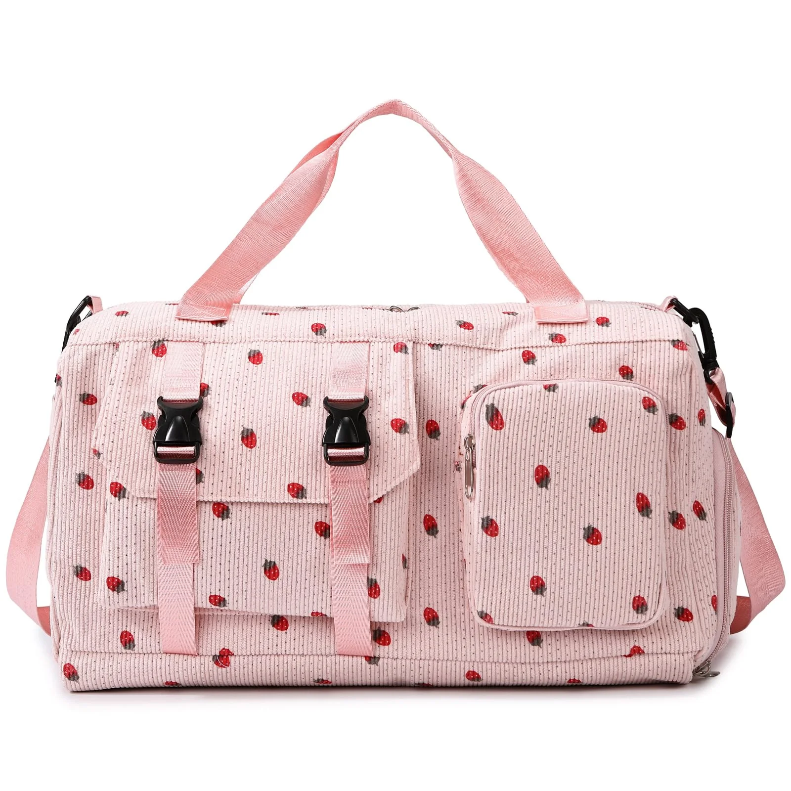 Waniki Sporttasche Kinder Mädchen Erdbeere Cord Reisetasche Damen Weekender Schwimmtasche mit Schuhfach und Nassfach Teenager Travel Bag Balletttasche für Reisen, Fitness, Sport, Gymnastik, Schule