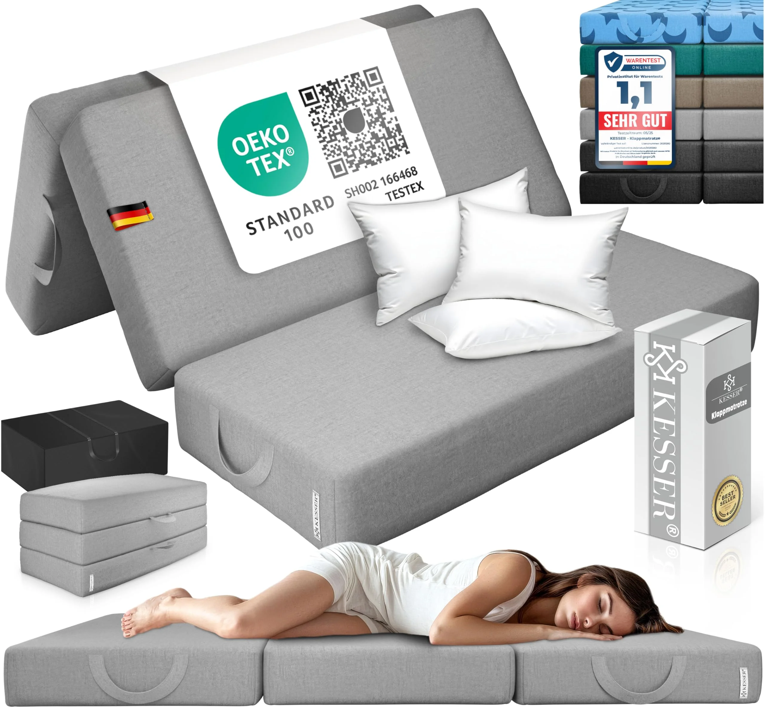 KESSER® Klappmatratze 140 x 195 x 15 cm Gästematratze 3-Fach faltbar zum Sitzhocker Faltmatratze Schaumstoff 25kg/m³ extra dick 15cm atmungsaktiv waschbar Abnehmbarer Bezug inkl. Camping Tragetasche