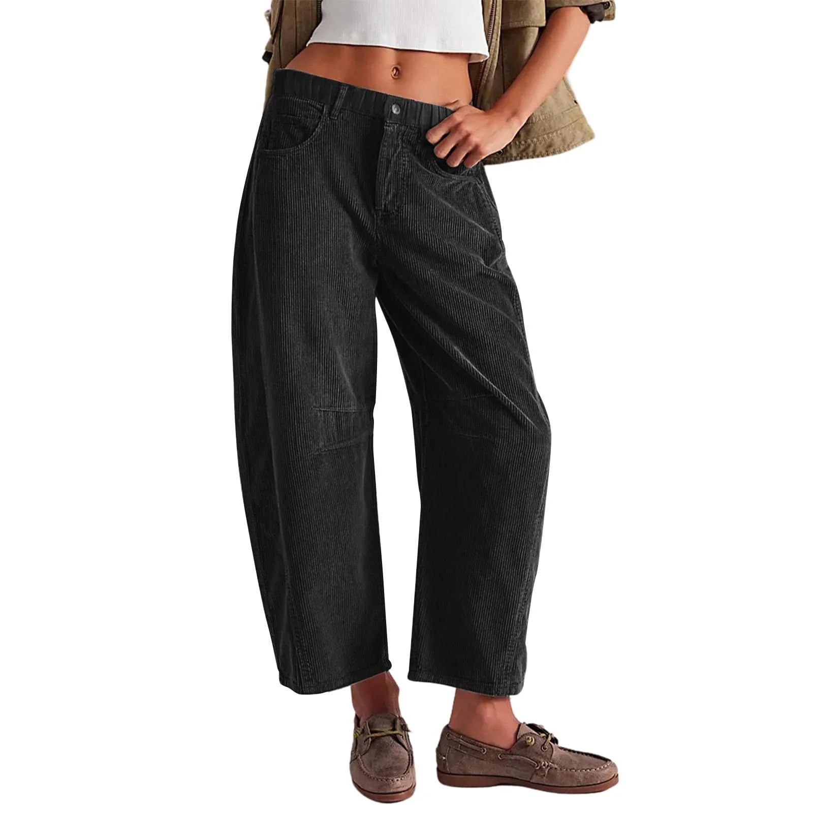 FUNSEED Damen Cordhose mit lockerer Passform, Herbst/Winter, warm, einfarbig, mit Taschen, INS-Stil
