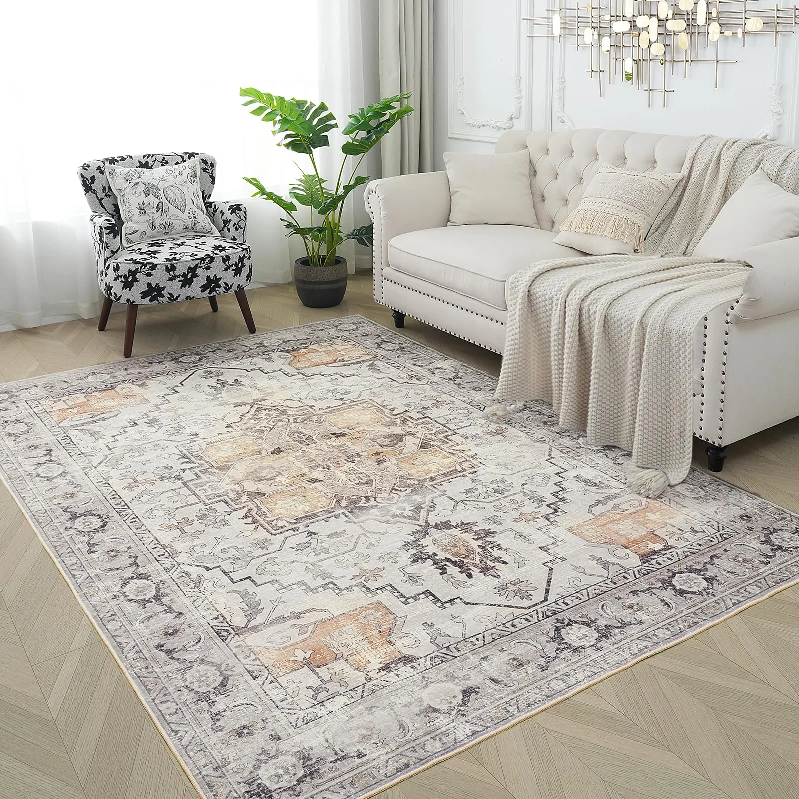 Xfrog Teppich Wohnzimmer Waschbare Teppiche Gegend Kurzflor Vintage Teppich Schlafzimmer Grauer Grau 200x300CM