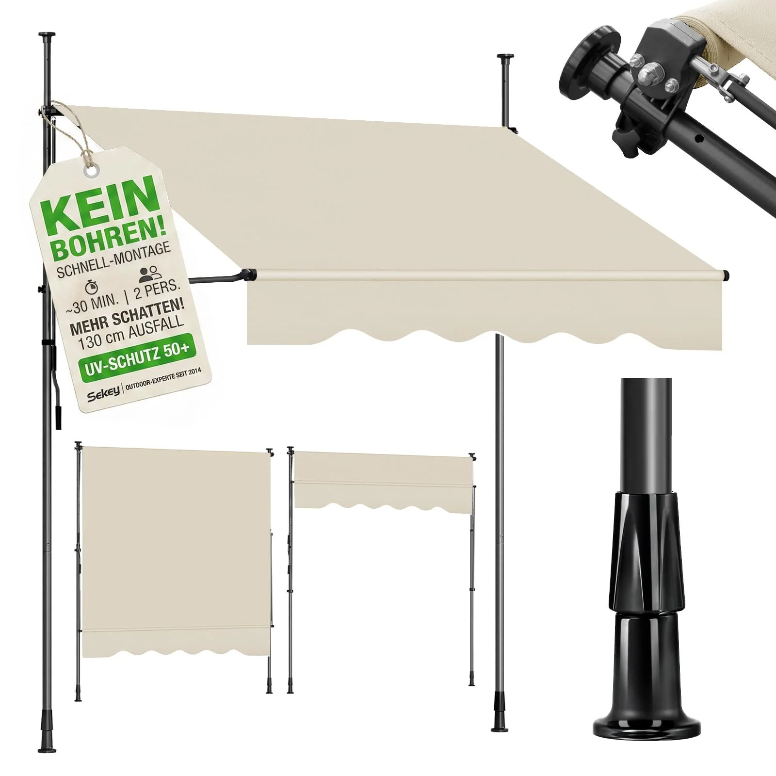 Sekey Klemmmarkise 350 cm breit, Markise Balkon ohne Bohren mit Handkurbel, 130 cm Ausfall, 0-90° neigbar, UV-beständiger Sonnenschutz & wasserdicht (280g/m²), für Balkon, Terrasse & Garten, Beige