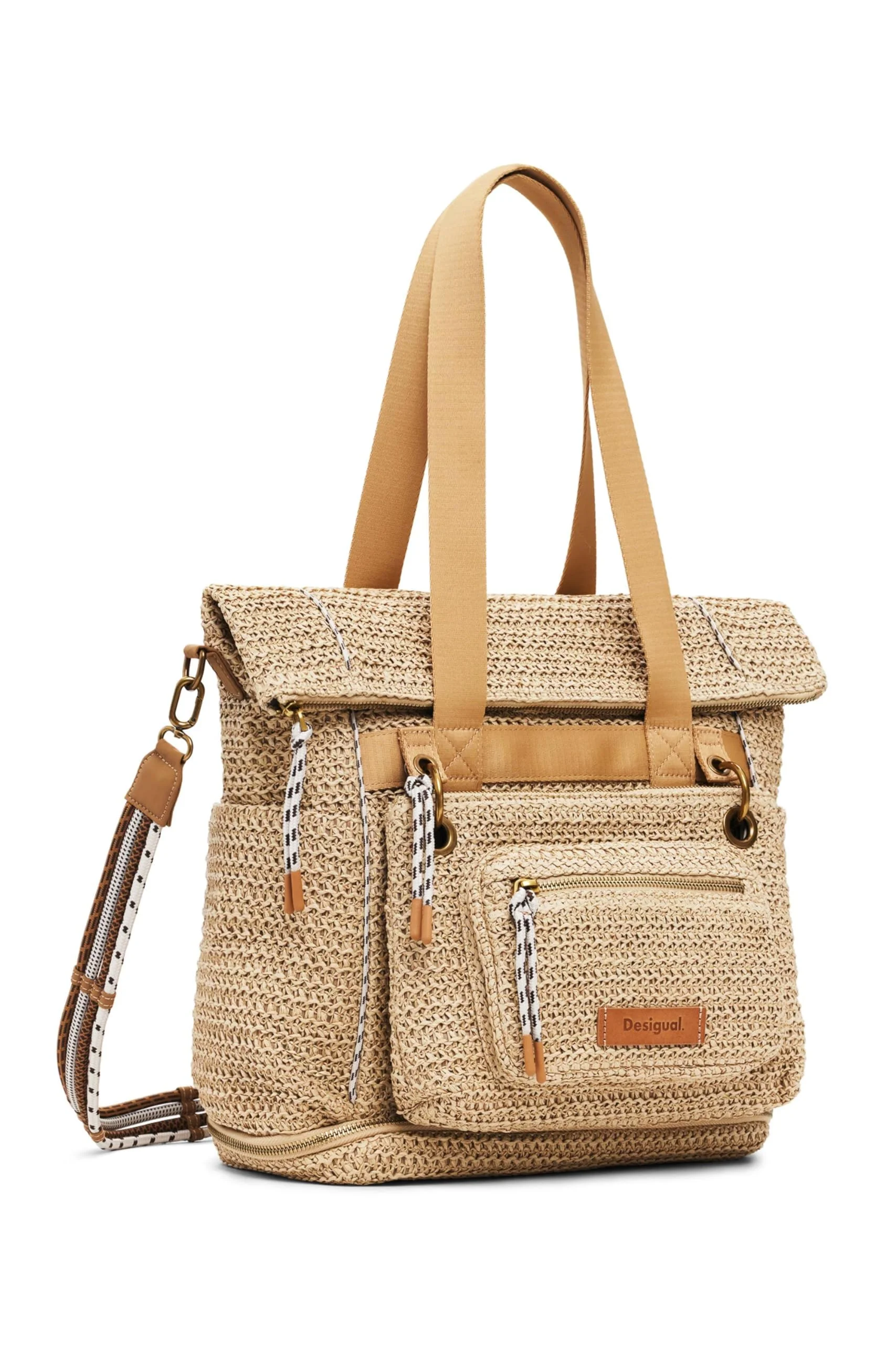 Desigual Schultertasche Umhängetasche Raffia Voyager Backpack Natural beige