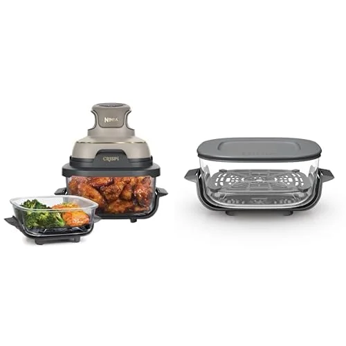 Ninja CRISPi Air Fryer Heißluftfritteuse, 3,8 l, 4-in-1: 2 Herausnehmbare Glasbehälter & Deckel, 1700 W, Stone Gold FN101EUSTGD + Ninja CRISPi 3,8-l-TempWare-Glasbehälter XSKLIDPLTEUUK