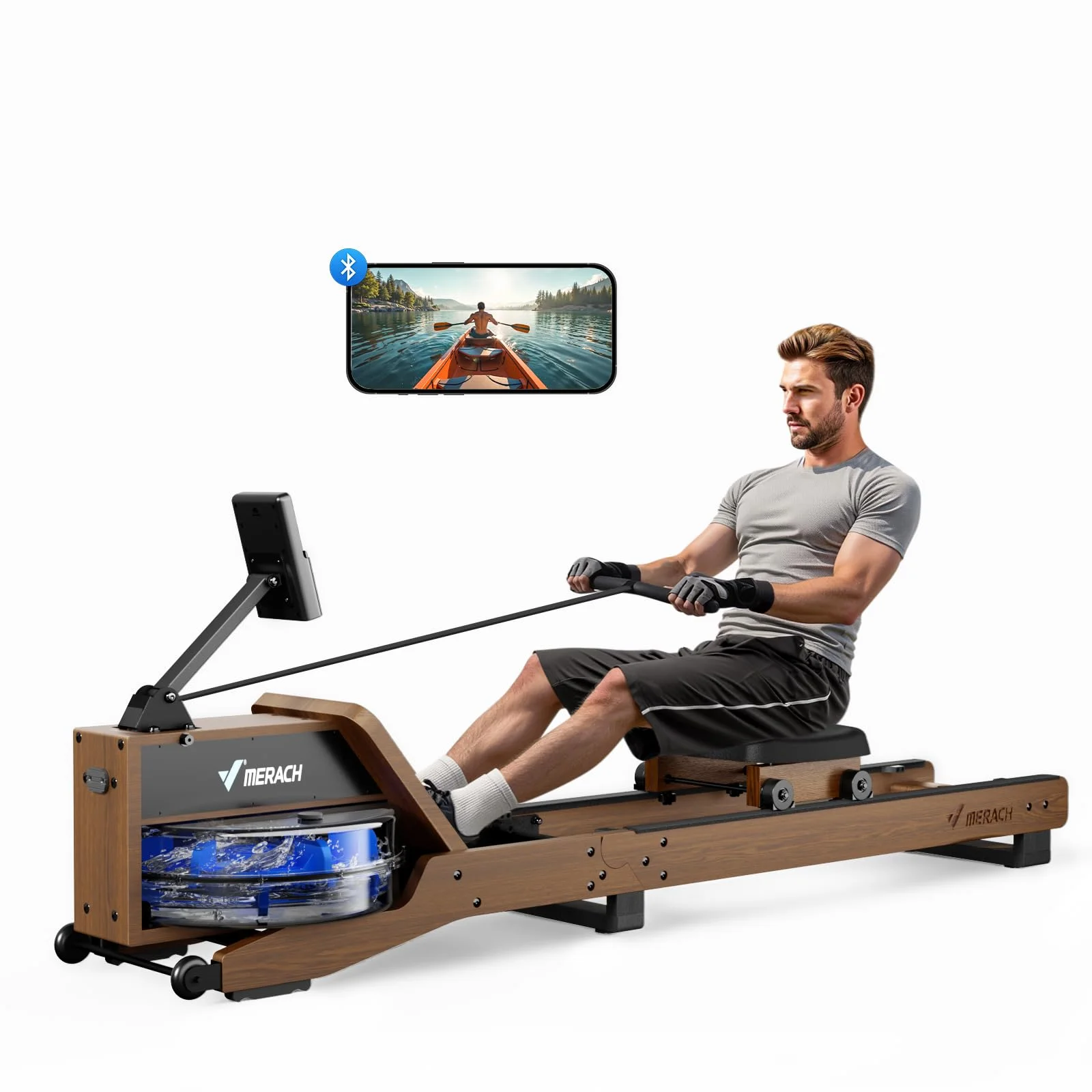 MERACH Wasser Rudergerät Holz Klappbar, Gummibaummaterial & Komfortabler Sitz, mit Exklusiver APP mit Interaktiven Kartenerfahrung, Immersives Rudererlebnis, Ideal für Heimfitness