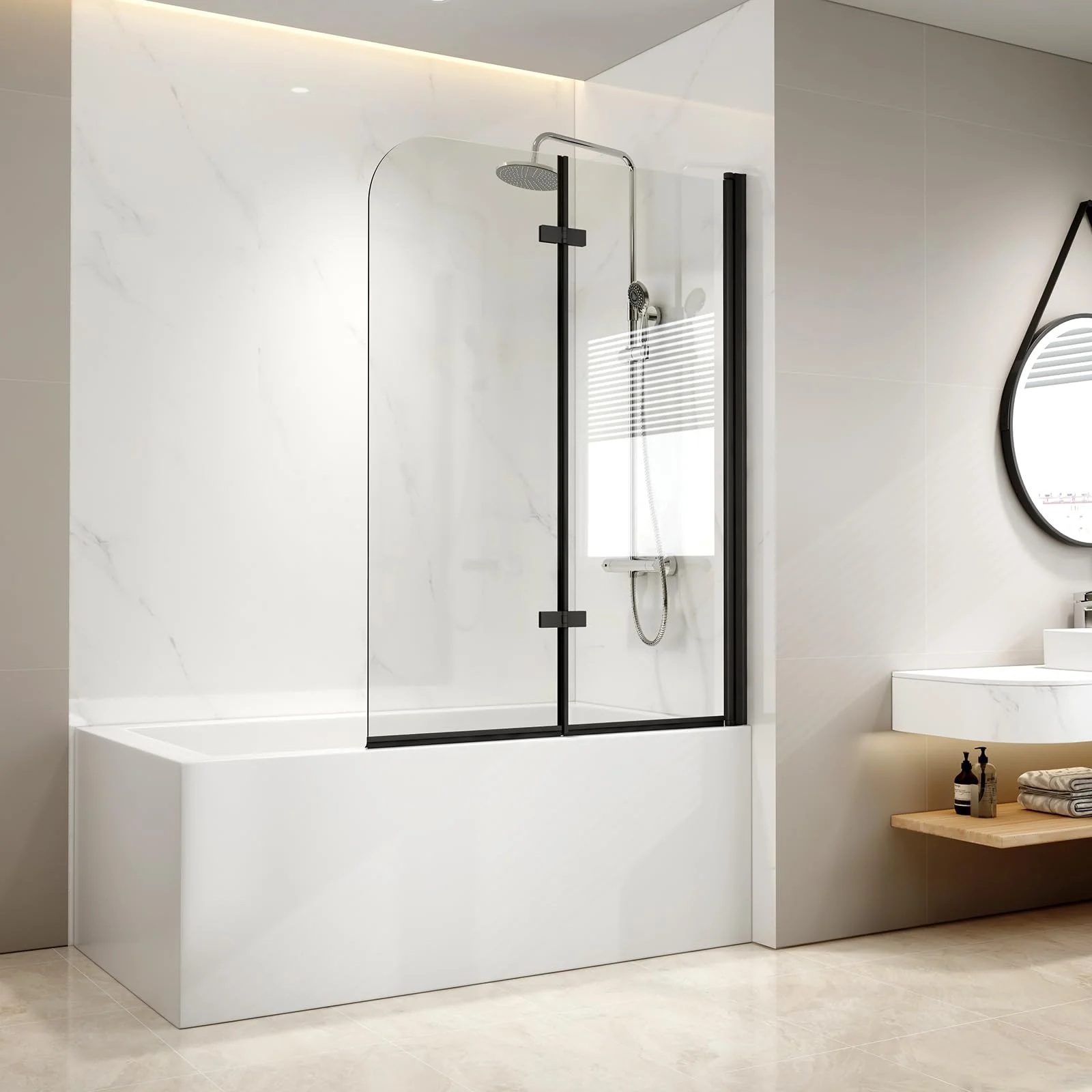 EMKE Duschwand für Badewanne 120x140 cm Schwarz, Duschtrennwand für Badewanne 2-teilig Faltbar Duschwand Badewanne, Duschabtrennung Badewanne 6mm Sicherheitsglas Badewannenaufsatz Badewannenfaltwand