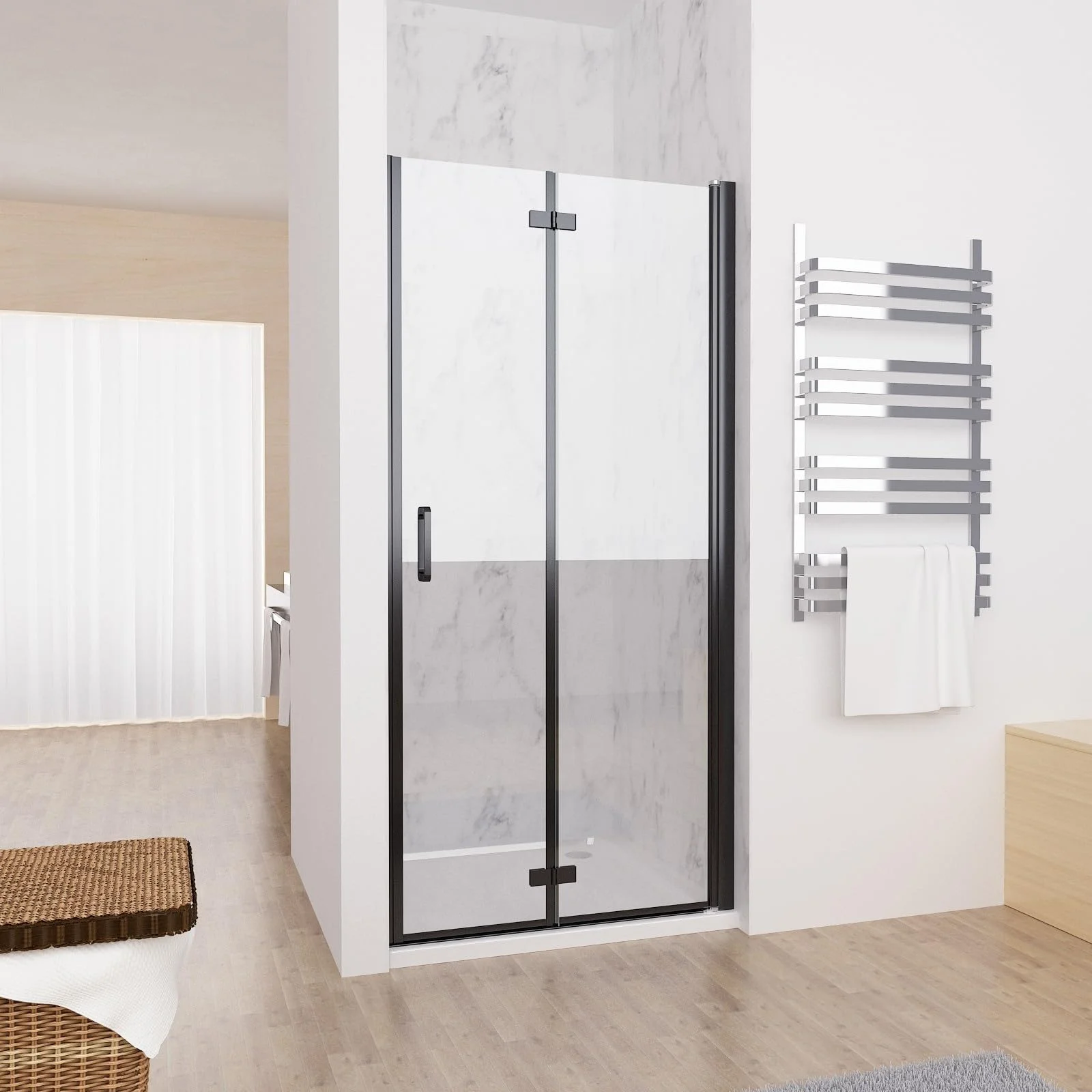 MIQU Nischentür 90 x 185 cm Duschabtrennung Faltbar Duschwand für Dusche Matt Schwarz Pendeltür Falttür Duschtür aus 5mm ESG Glas Rahmenlos duschtrennwand ohne Duschwanne