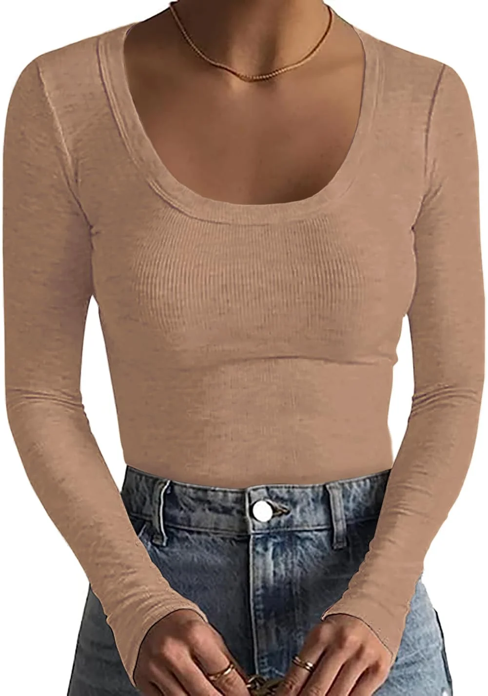 Basicspace Damen Gerippte Tops Schlank Hautfreundlich Basic T Shirt Einfarbig Tops Sexy Dehnbar Lässig Tief U Hals T Shirt Modisch Vielseitig Langarm Shirt
