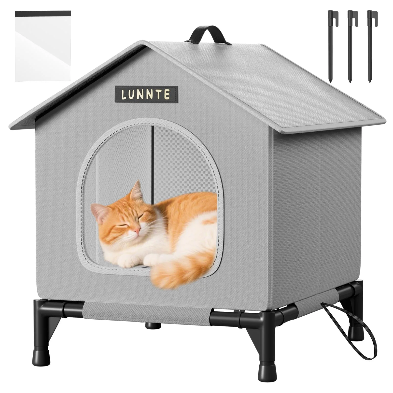 Wasserdichtes Outdoor Katzenhaus, Robustes 4-Jahreszeiten Katzenhäuschen mit erhöhtem Stand, Wetterfestes Tierheim mit Türvorhang für Katzen & Kleine Hunde, Streuner (34x40x47cm, Grau)