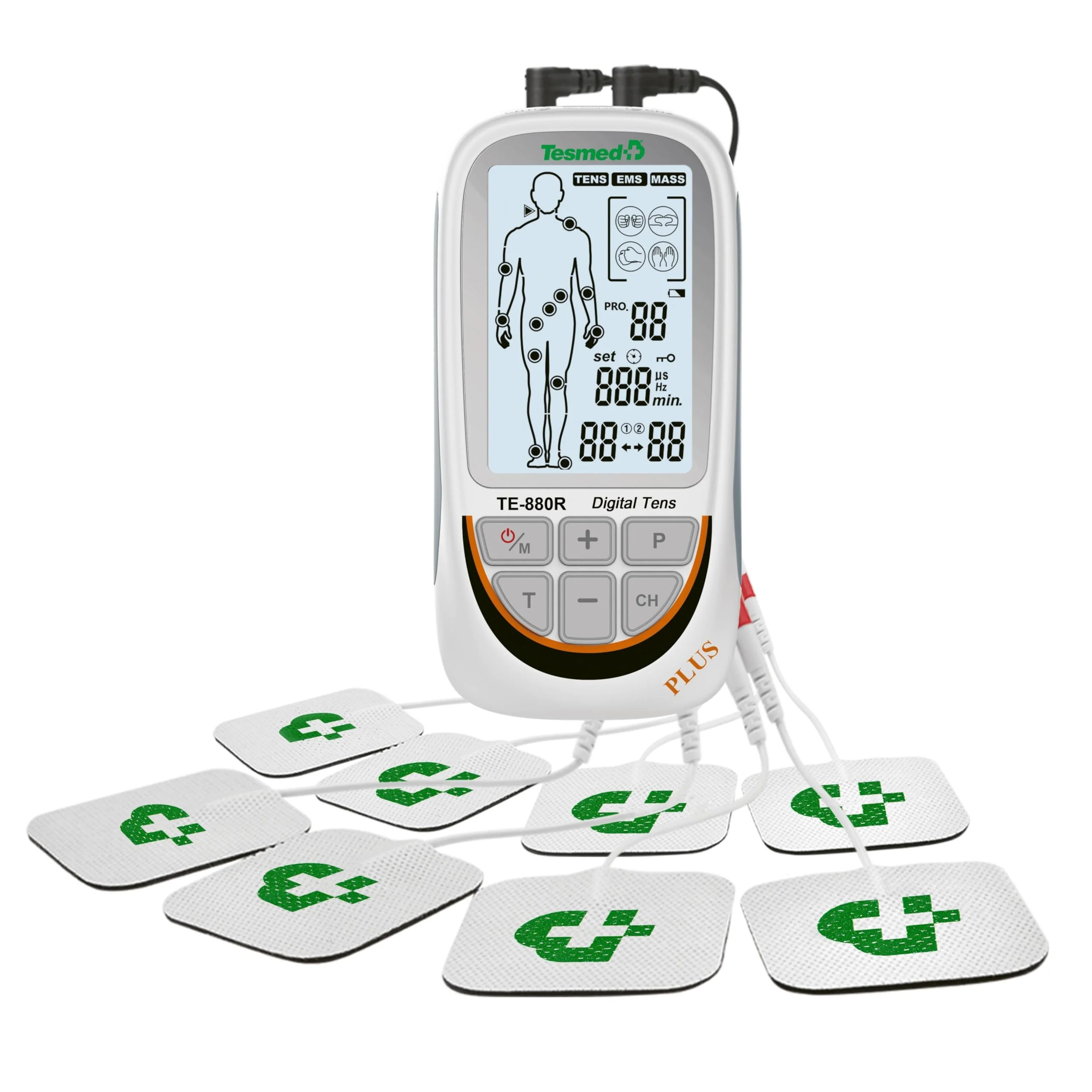 TESMED TE-880R Plus TENS EMS Gerät: Wiederaufladbarer Muskelelektrostimulator, Reizstromgerät mit TENS Gerät Schmerztherapie, EMS & Massagefunktion, 73 Programme (2 anpassbar), 8 Elektroden