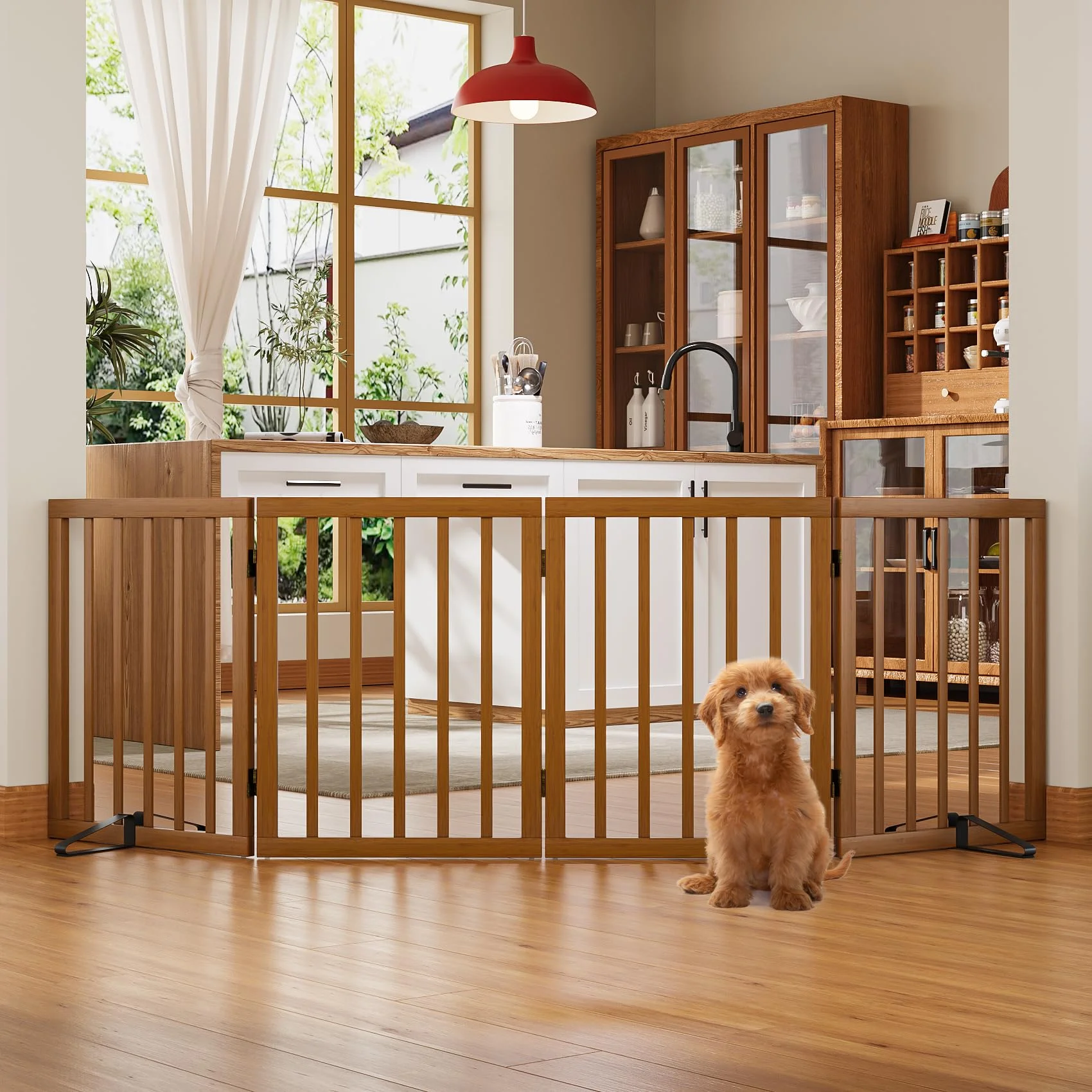 Morwdxef Freistehendes Hundegitter, Faltbares Hundebarriere für Tür,Treppen,Flur,Küche & Schlafzimmer, Freistehenden Haustiergitter aus Bambus, Absperrgitter Hund Schutzgitter mit 2 Stützfüßen