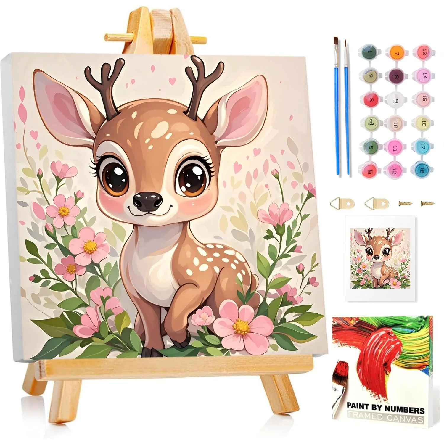 Reh Malen Nach Zahlen Kinder mit Rahmen, Malen nach zahlen kinder ab 5 6 7 8 9 10 Jahre, Malset mit Rahmen, Pinsel und Acrylfarben, Geschenk für Mädchen und Jungen, mit Glitzer 20x20cm