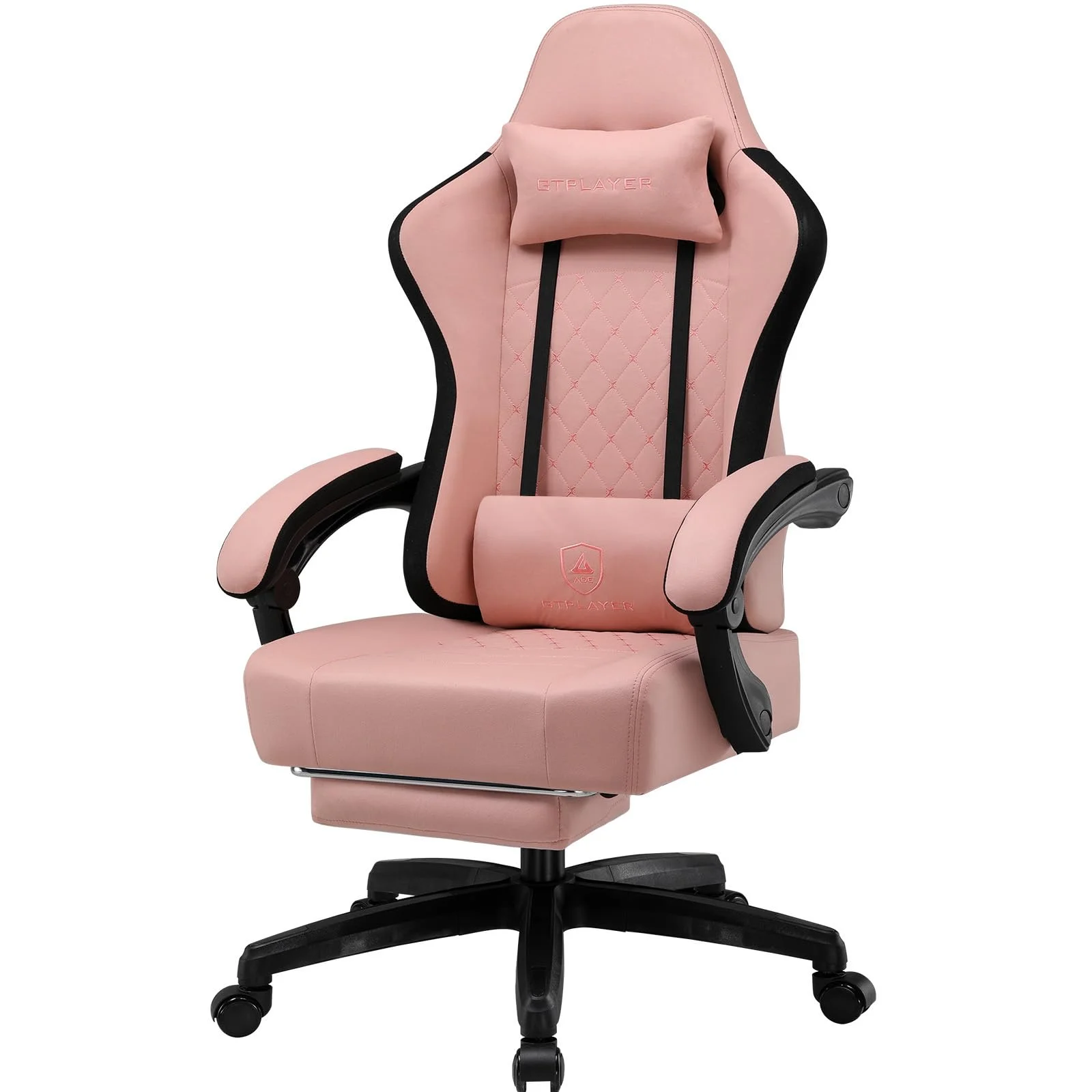 GTPLAYER Gaming Stuhl Ergonomischer Gaming Sessel Schreibtischstuhl mit Stoffoberfläche, Federsitzkissen, Verbindungsarmlehnen und Fußstütze 150KG, Schwarz-Rosa