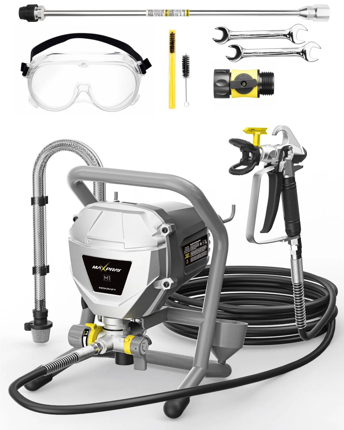 InoKraft MaXpray M1 Airless Farbspritzgerät, hocheffizient, verdünnungsfrei, minimaler Overspray, für DIY-Malprojekte im Außen- und Innenbereich von Häusern, mit Farbspritzzubehör