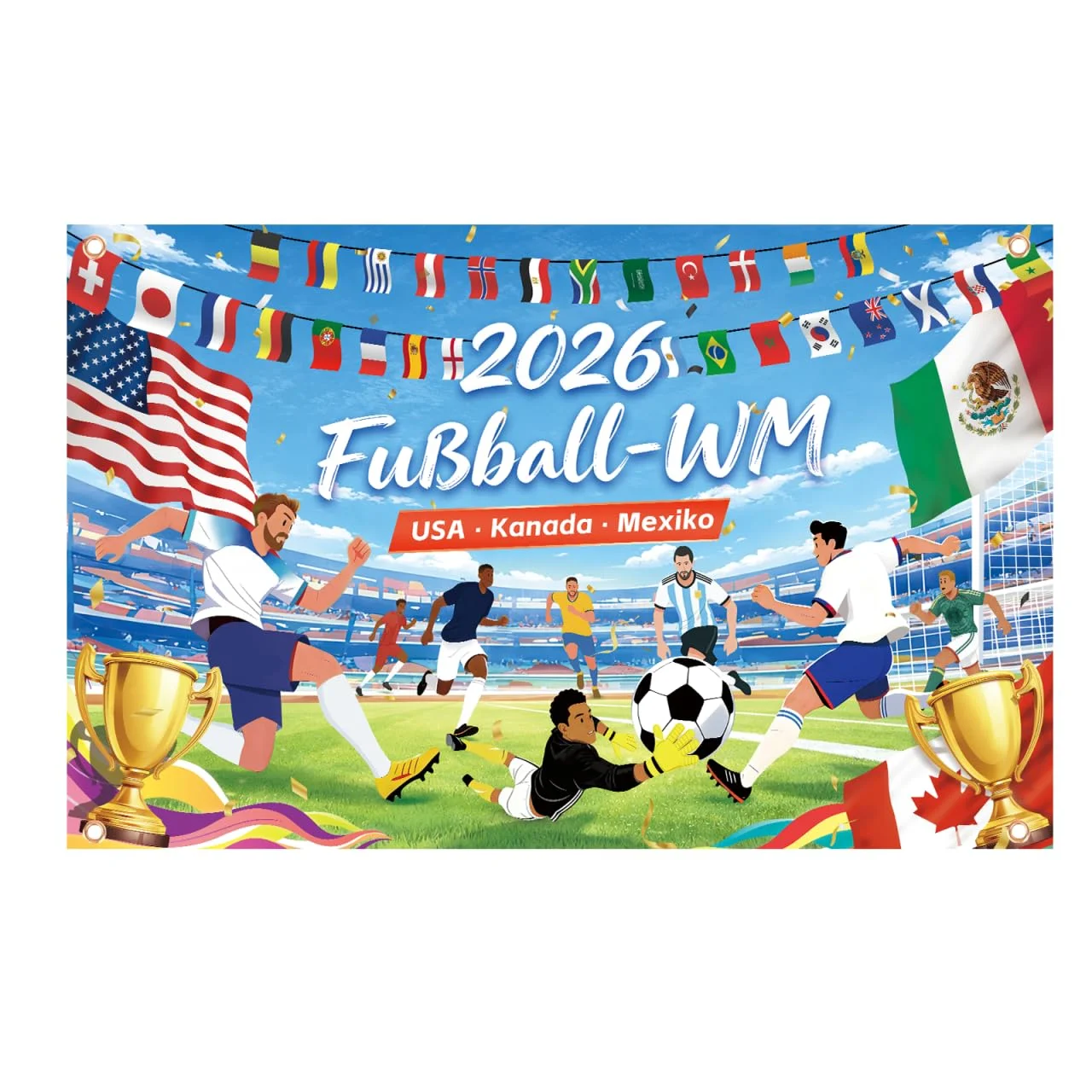 AhfuLife Große Fußball Flagge 150x90cm für WM Deko 2026, Fussball Weltmeisterschaft Fahne Beidseitig Bedruckt mit 4 Metallösen für Fußball Party Garten Haus Bar Foto-Hintergrund Dekoration