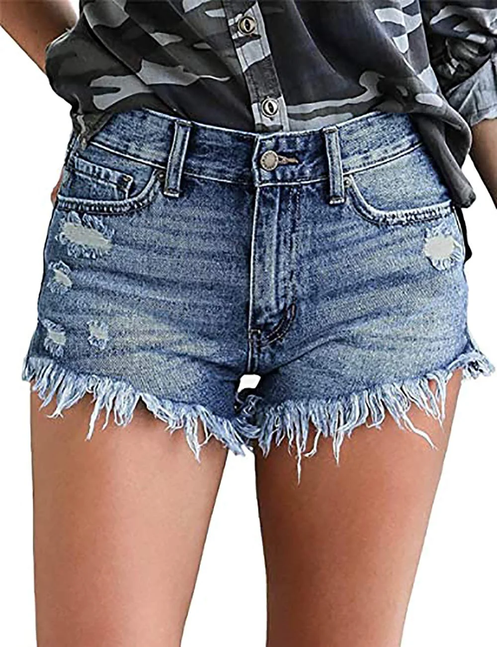 Necooer Damen Casual Ripped Denim Shorts Mittlere Taille Kurze Jeanshose mit Taschen