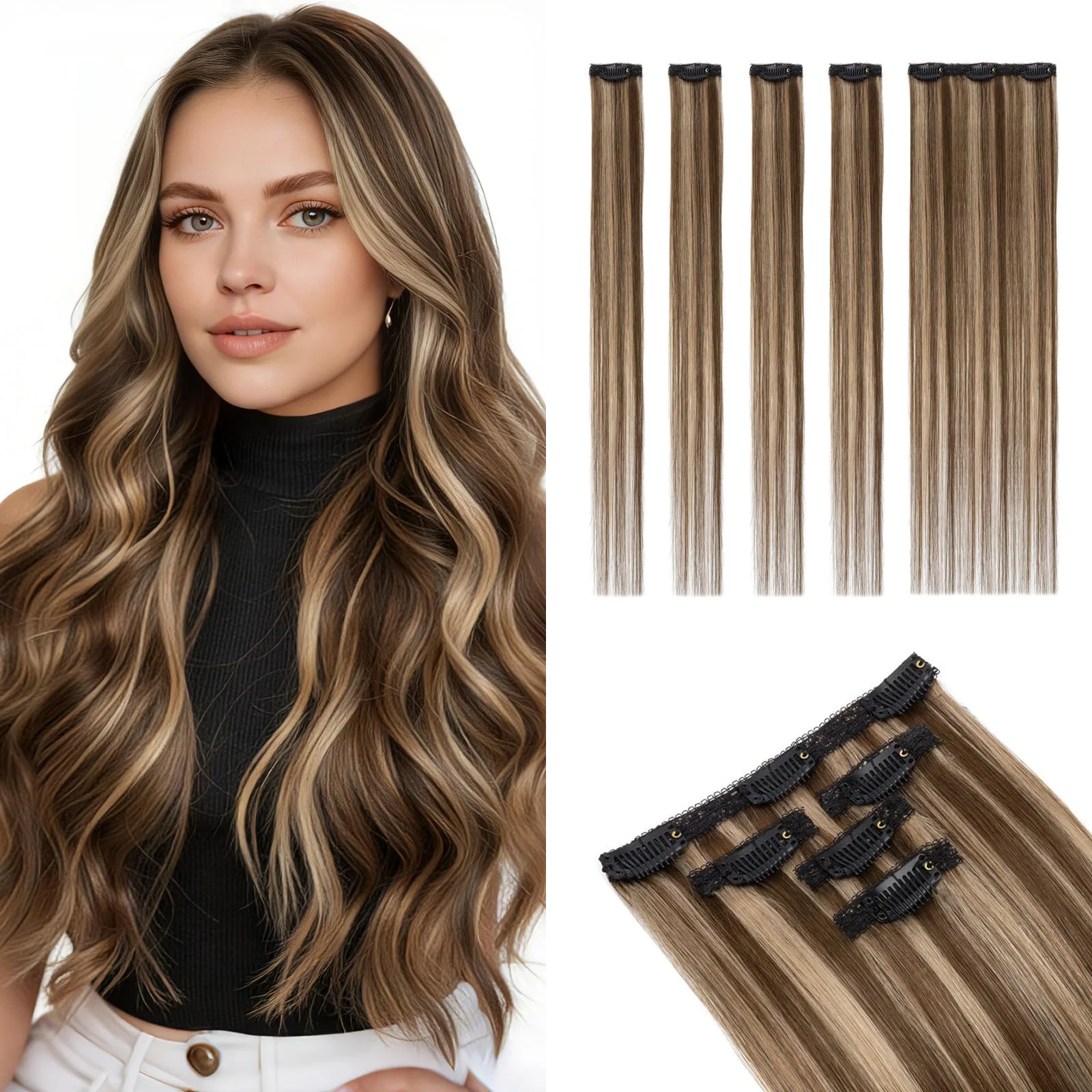 MY-LADY Clip in Extensions Echthaar Glatt 40cm 5 Stück Echthaar Extensions Clip mit Lace-Basis für Unsichtbares Volumen #4P27 Mittelbraun/Dunkelblond 46g
