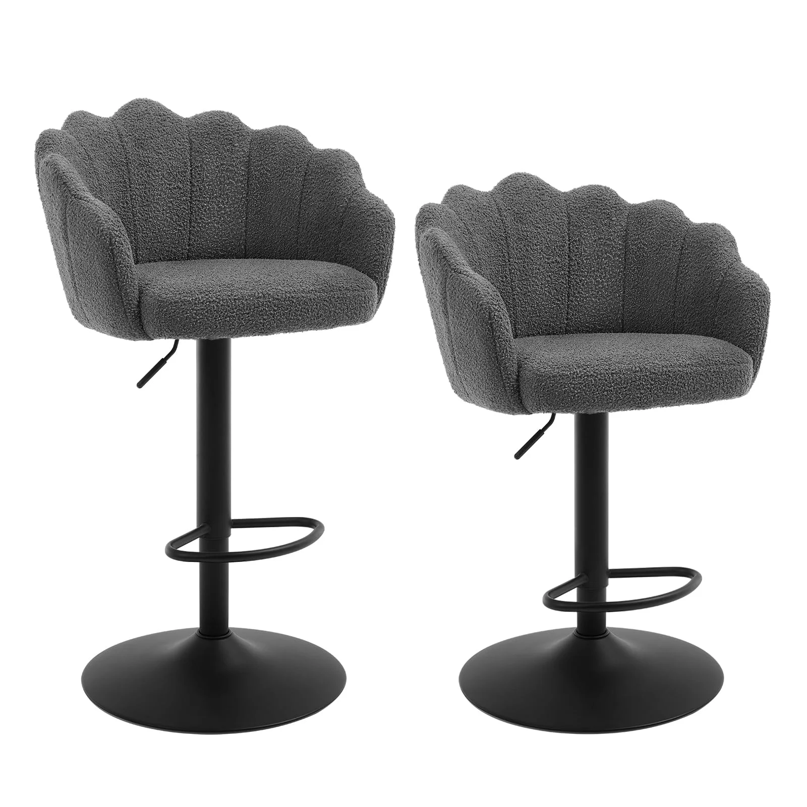 WOLTU Barhocker 2er Set, Barstuhl Höhenverstellbar mit Blütenblatt-Design, 360° drehbar, Gepolsterte Bar Hocker mit Lehne, Fußstütze, für Esszimmer Heimbar Kücheninsel, Teddy-Stoff, Dunkelgrau
