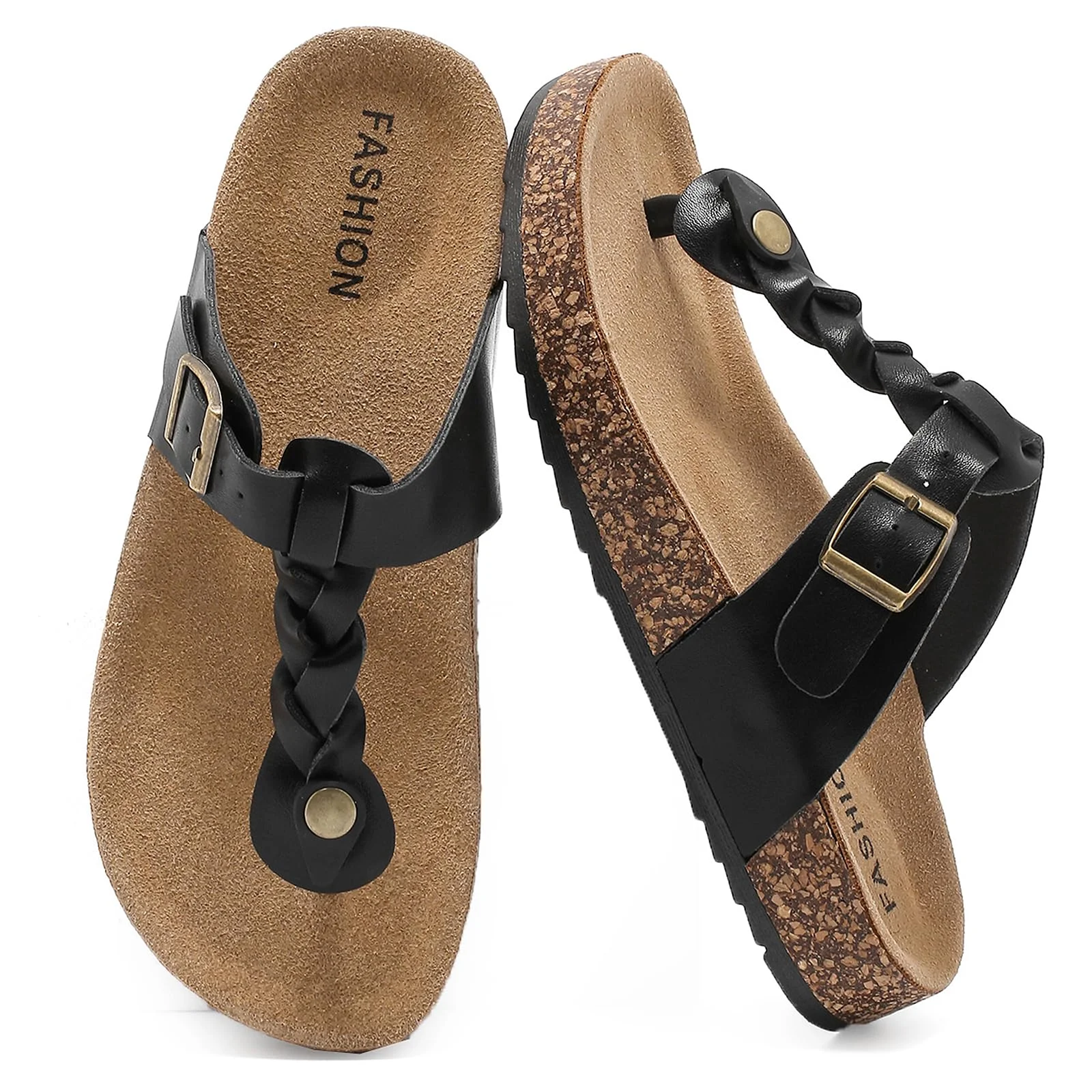 zaxunai Lässig Flach Zehentrenner Damen, Kork Fußbett Sommer Schlappen Unisex, Herren Flip flop Sandalen mit Einstellbarer Schnalle, Pantoletten Rutschfest Badelatschen, Bequem Hausschuhe