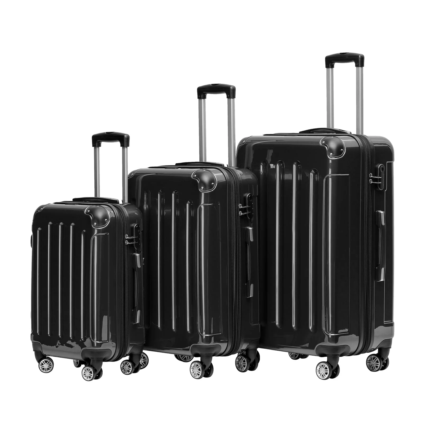 BEIBYE Hartschalen Koffer Trolley Rollkoffer Reisekoffer 4 Zwillingsrollen Polycabonat (Schwarz, Kofferset)