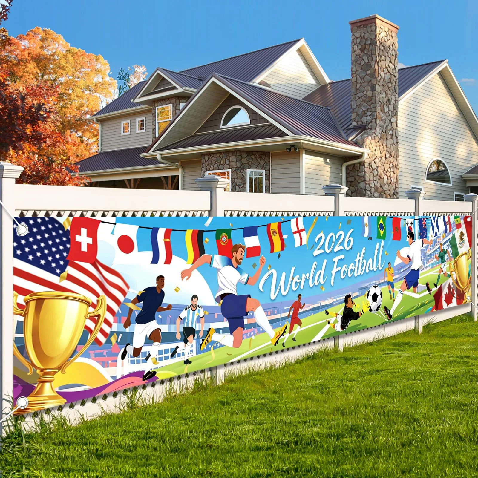 AhfuLife Fußball Banner 300 x 60cm für WM Deko 2026, Extra Große Fussball Weltmeisterschaft Banner für Fußball Fans Party Garten Haus Bar Deko（Englische Fassung）