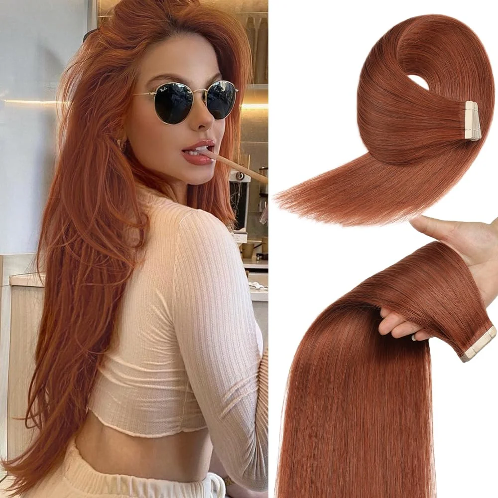 YDDM Tape Extensions Echthaar 20pcs 55cm 50g Dunkelrotbraun Invisible Copper Orange Braun Tape Extensions Echthaar Auburn Tape Extensions Skin Weft Haarverlängerung(22Zoll,33A#)