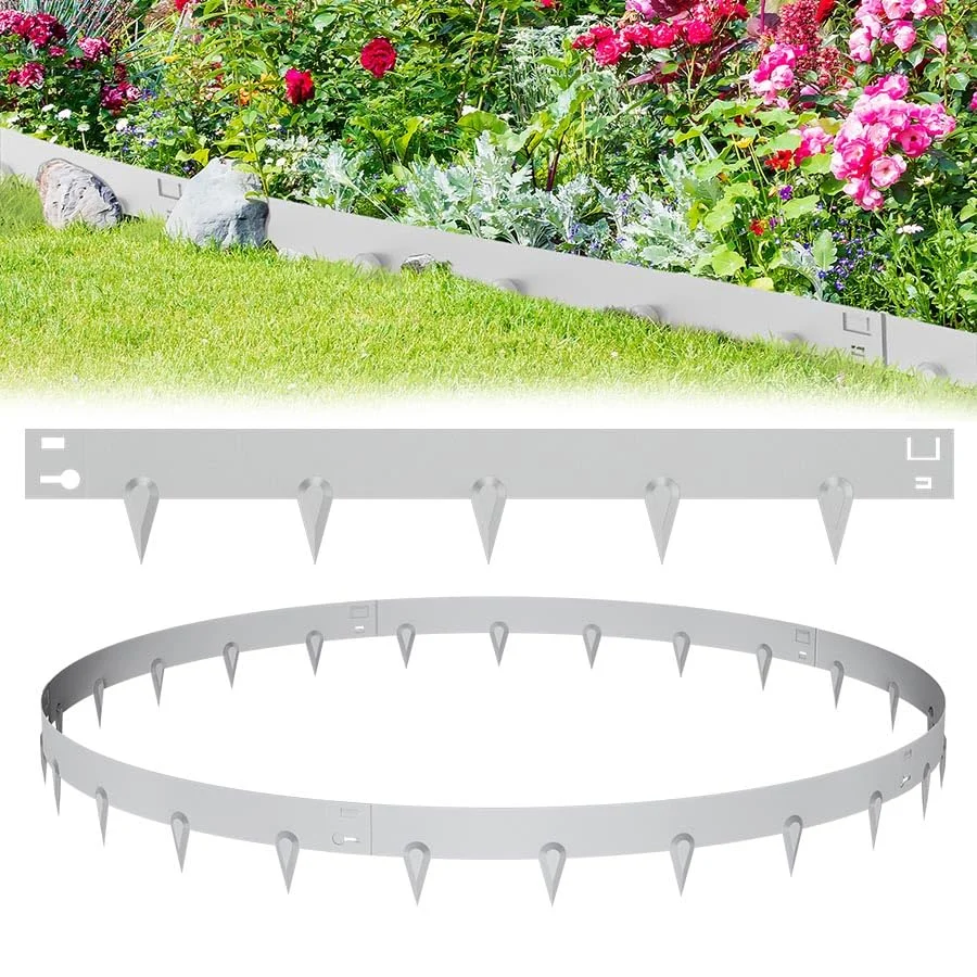 Aufun 30 Stück Rasenkante verzinkt Metall, 31.8 M Flexible Beeteinfassung Mähkant Palisade Gartenbeet mit Dornen, Beetumrandung für Hof Garten Bauernhof verwendet Werden, Silber (106cmL x 16 cmH)