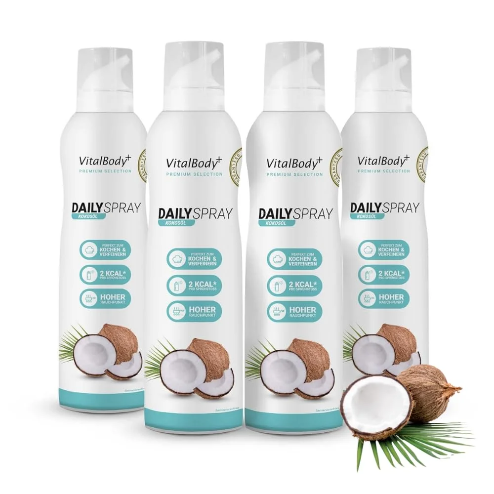 VitalBody+ DailySpray MCT Kokosöl – 2 kcal Ölspray für Airfryer, Braten & Grillen – Kalorienarm Kochen – Non-stick Cooking Spray, 3200 Portionen, 4er Pack