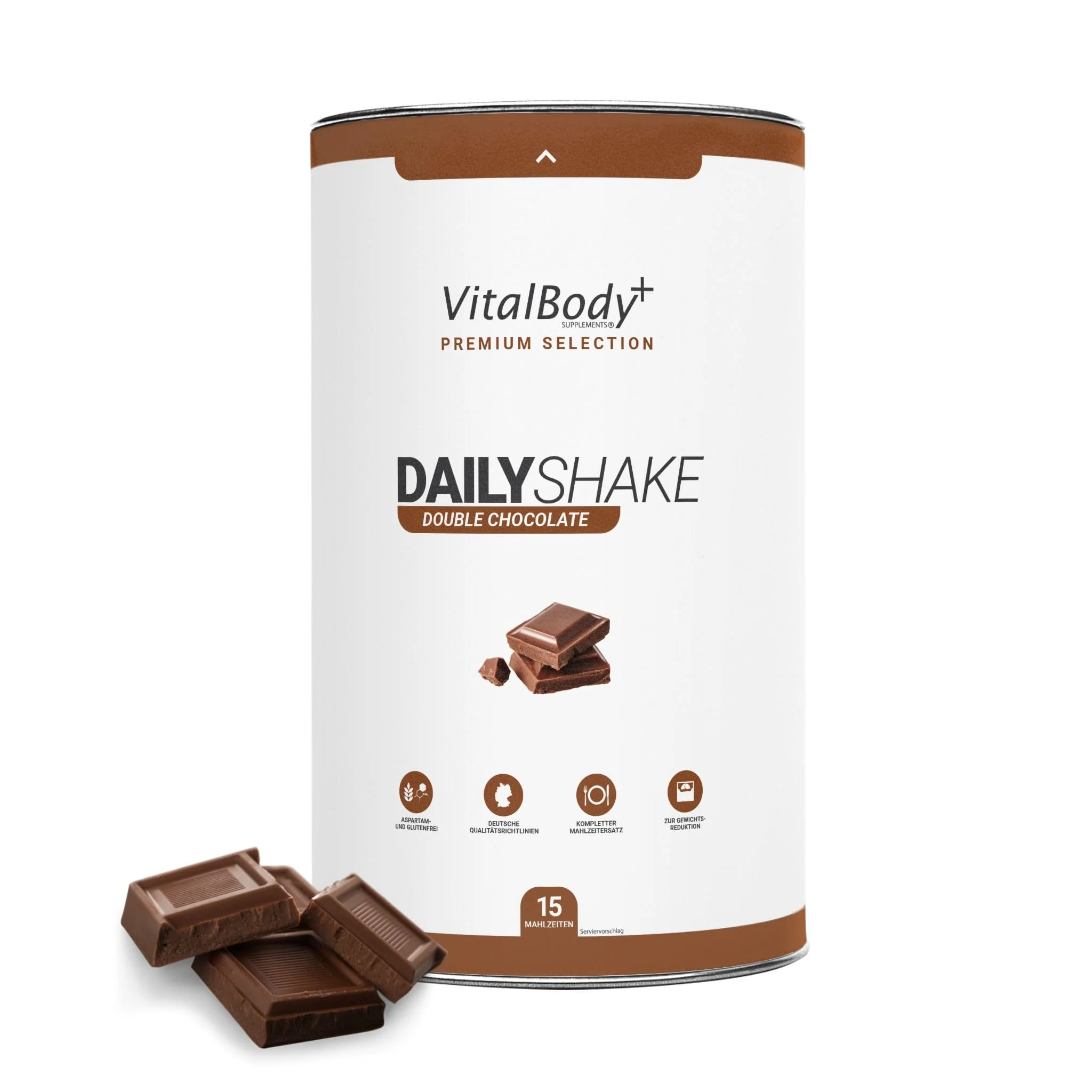 VitalBodyPLUS DailyShake, Double Chocolate, 450 g, Mahlzeitenersatz-Shake zum Abnehmen, 15 Mahlzeiten, nur 250 kcal pro Shake, vollwertig & kalorienarm ersetzen