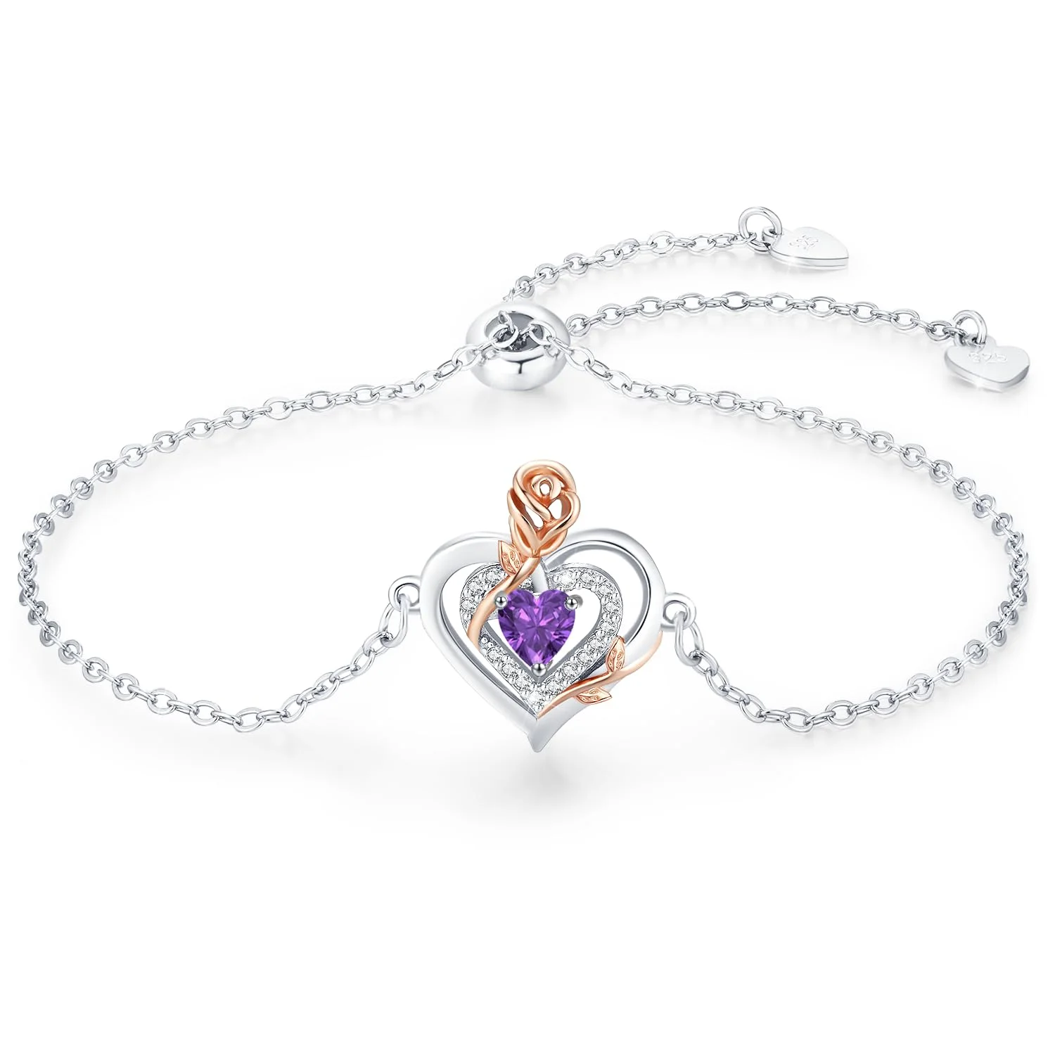 LAVUMO Armband Damen Silber 925 Echt/Messing Doppelherz Rose Blume Armbänder für Frauen Geburtsstein Schmuck Geburtstags Muttertags Geschenke für Frauen Freundin Verstellbar Armkette