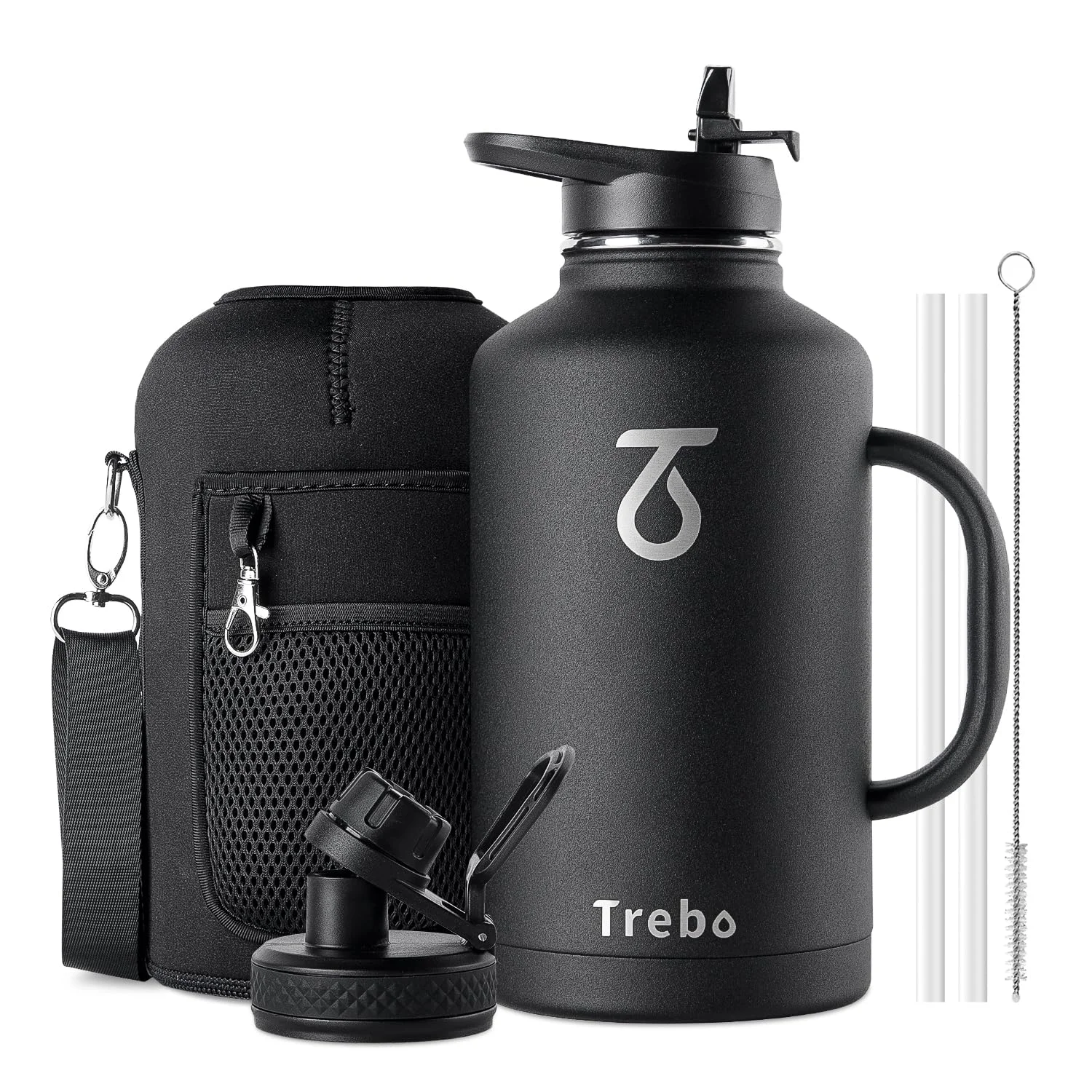 Trebo 1,8 l Wasserflasche isoliert mit Strohhalm und 2 Deckeln, doppelwandig, Vakuum, Edelstahl, Metall, großer Krug mit Griff, breite Öffnung, Becher mit Tragetasche, hält kalt und heiß, schwarz