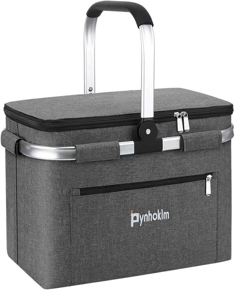 30L Einkaufskorb mit Kühlfunktion Tragekorb Faltbar Picknickkorb mit Deckel Klappkorb Thermokorb Isoliertasche Faltbar Einkaufstasche mit Alurahmen Stabiler Korb-für Reisen/Picknick/Einkaufen